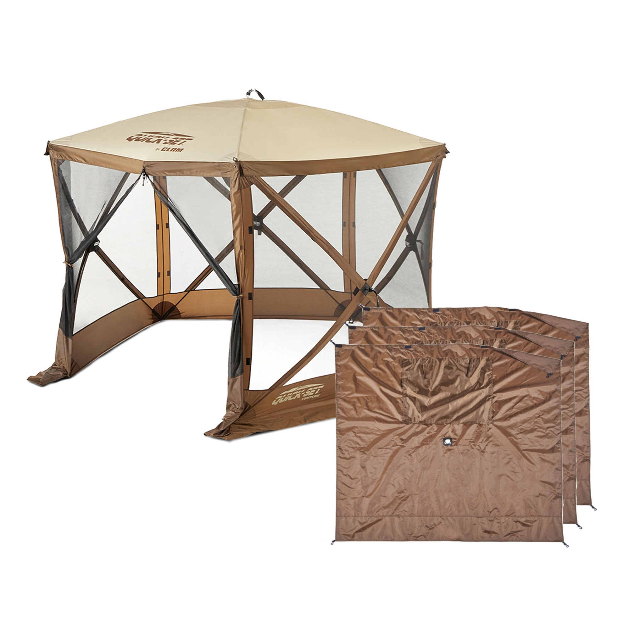 Clam PortableCanopy Shelter, Brown w/ Clam Quick Set Wind & Sun Panels (3 Pack) - VMInnovations
