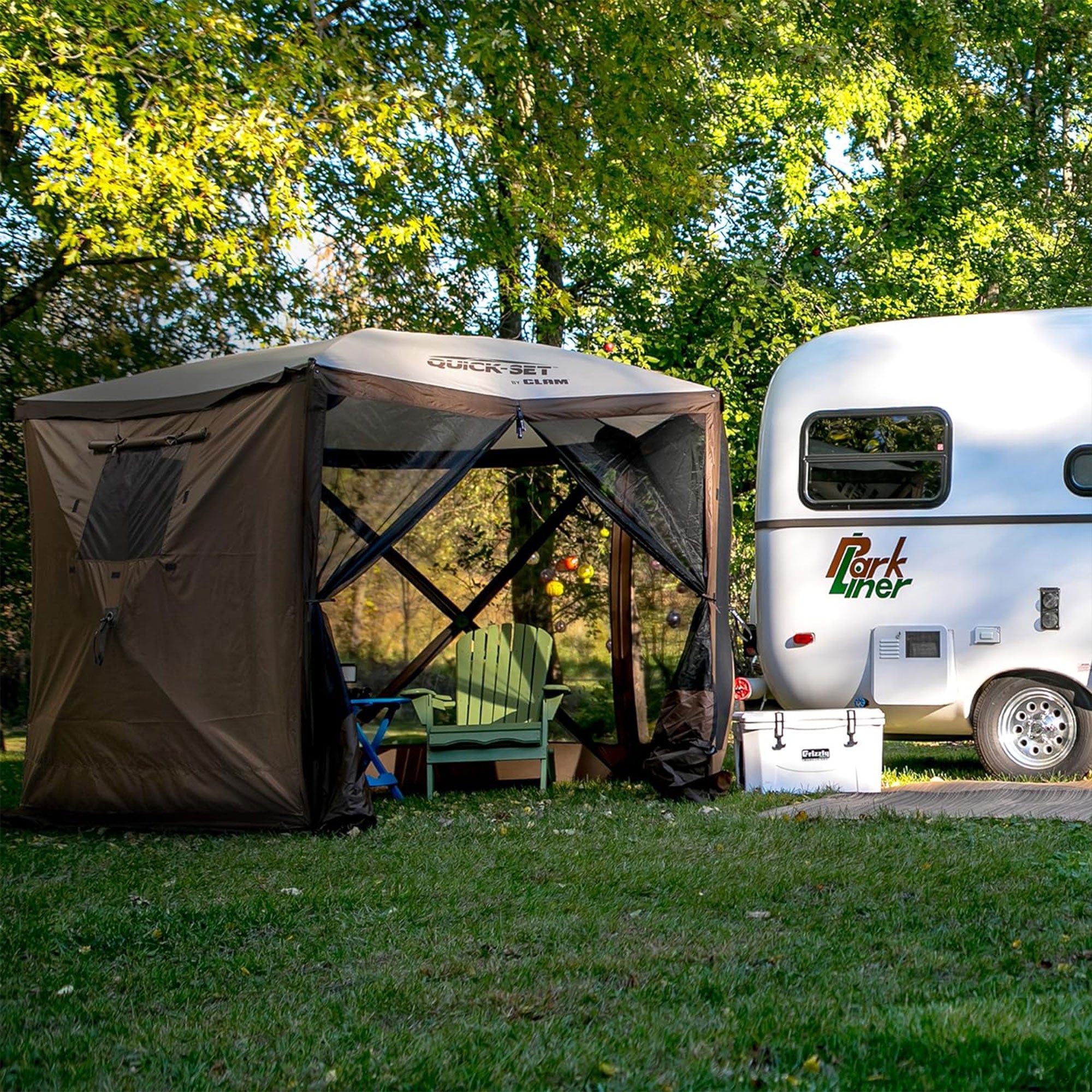 Clam PortableCanopy Shelter, Brown w/ Clam Quick Set Wind & Sun Panels (3 Pack) - VMInnovations