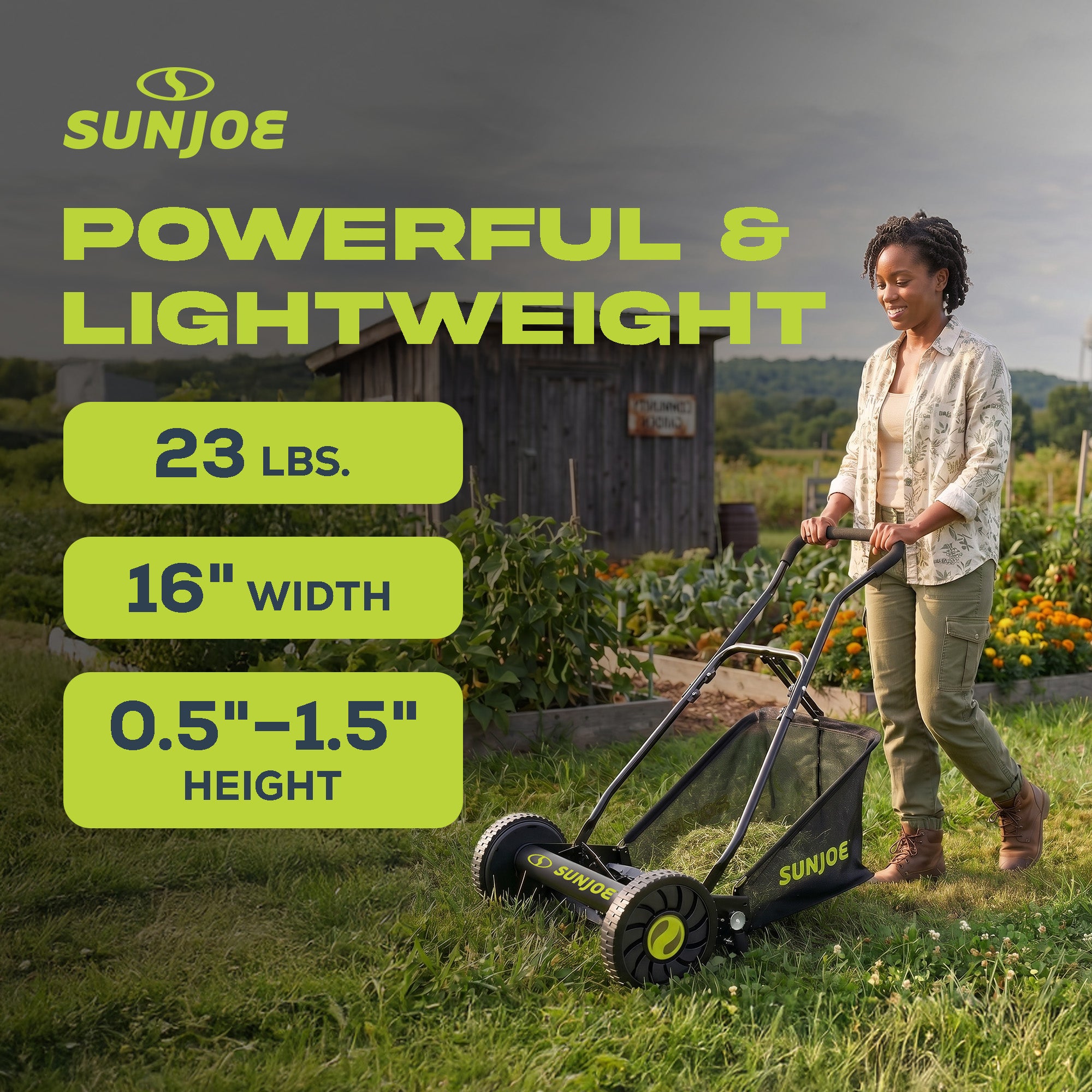Sun Joe 16" Reel Mower with Grass Catcher and Adjustable Cutting Height, MJ500M
