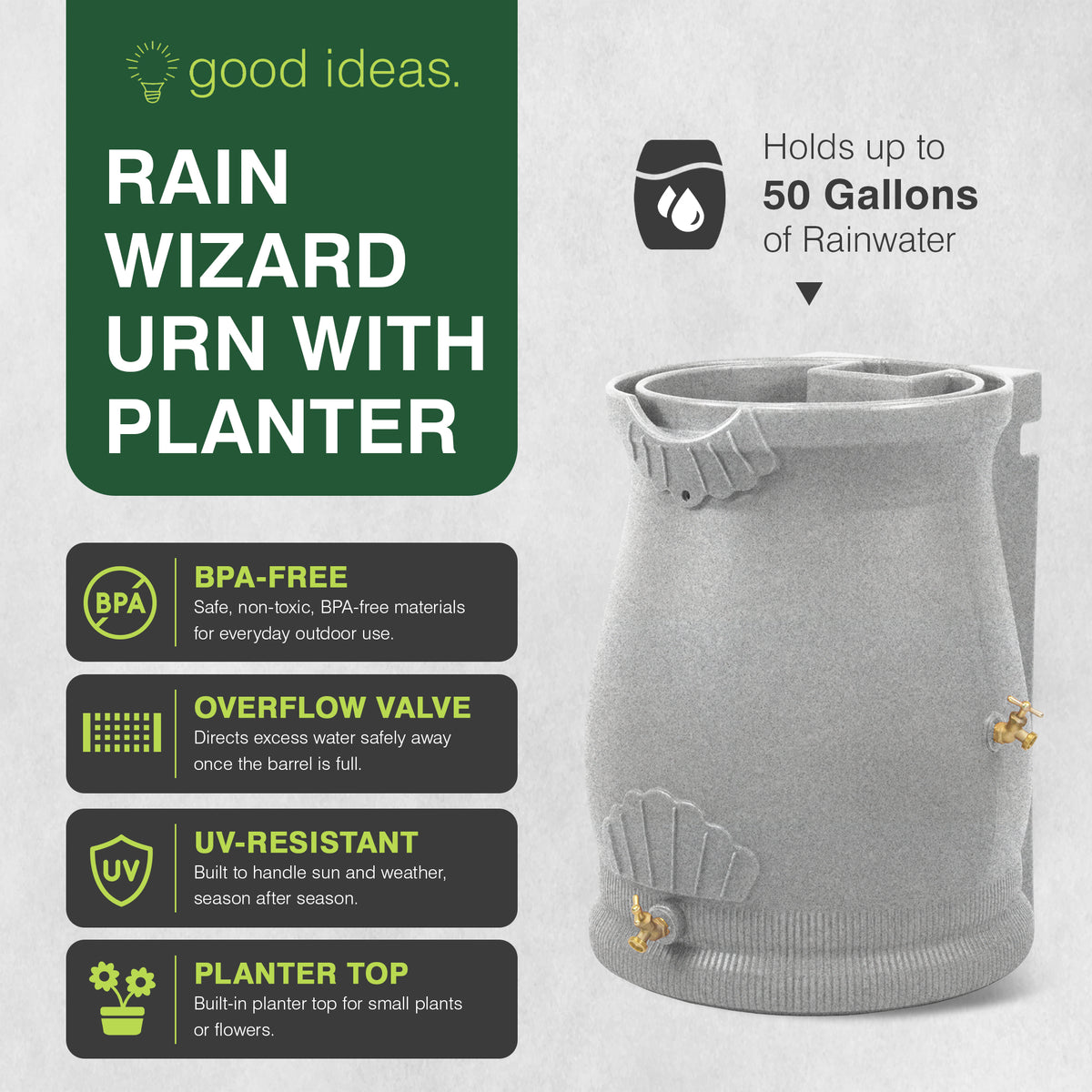 Good Ideas 50 Gallon Rain Saver Wizard Barrel Urn, Light Granite (Open Box)