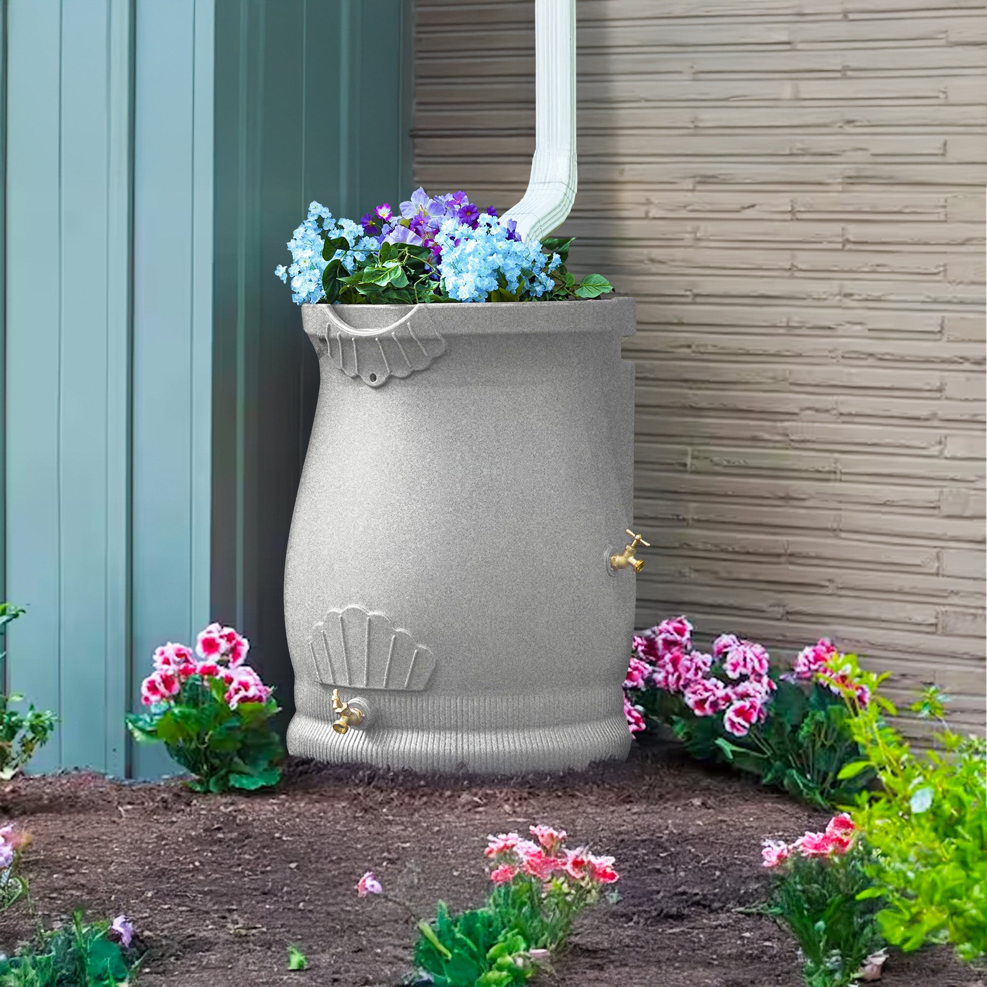 Good Ideas Rain Wizard 50 Gallon Plastic Rain Barrel Urn, Light Granite (2 Pack)