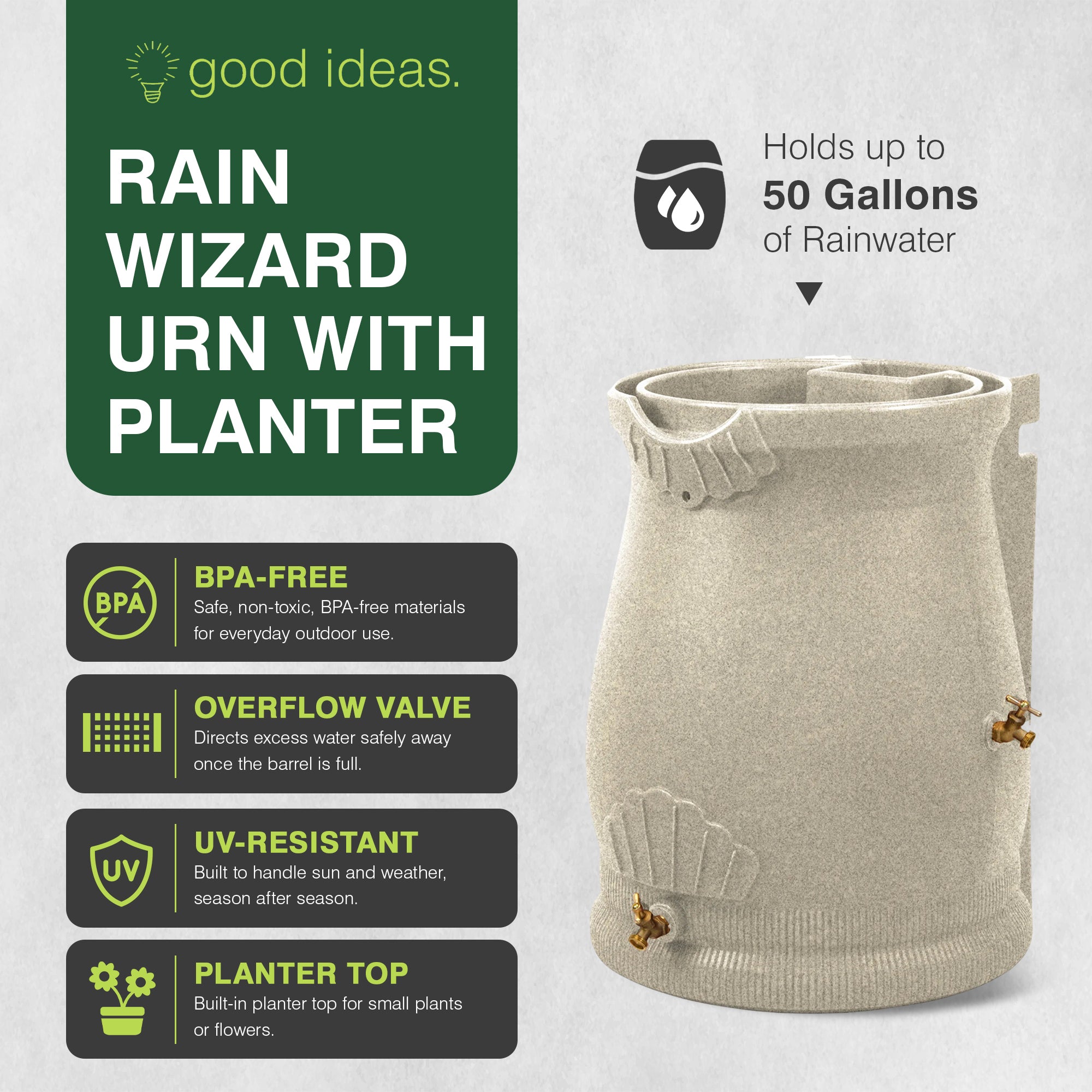 Good Ideas 50 Gallon Rain Water Saver Wizard Barrel Urn, Sandstone (Damaged)