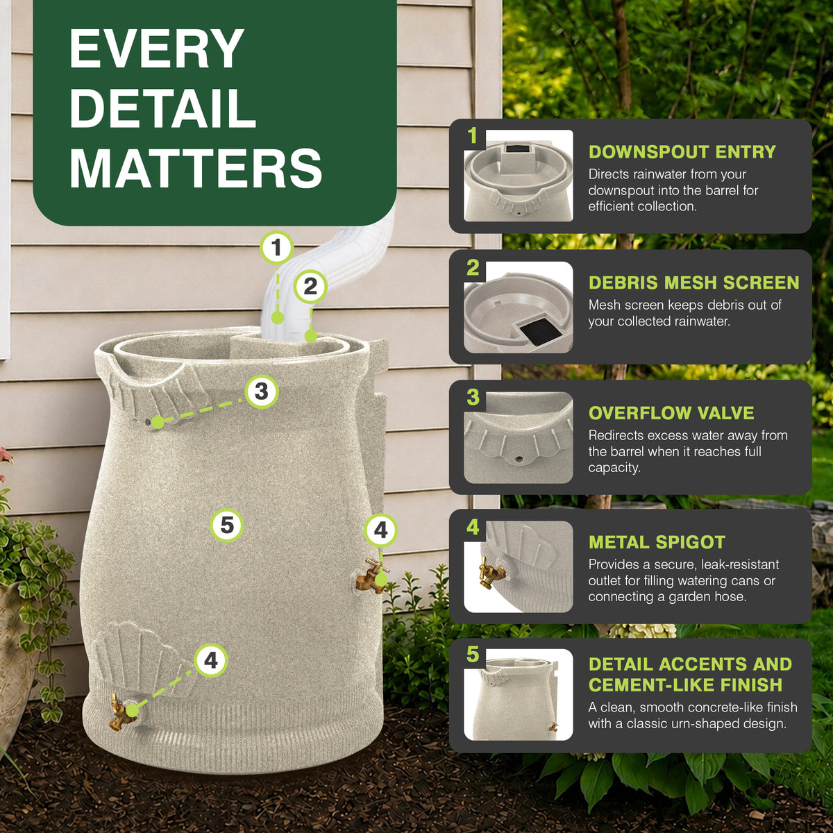 Good Ideas 50 Gallon Rain Water Saver Wizard Barrel Urn, Sandstone (Damaged)