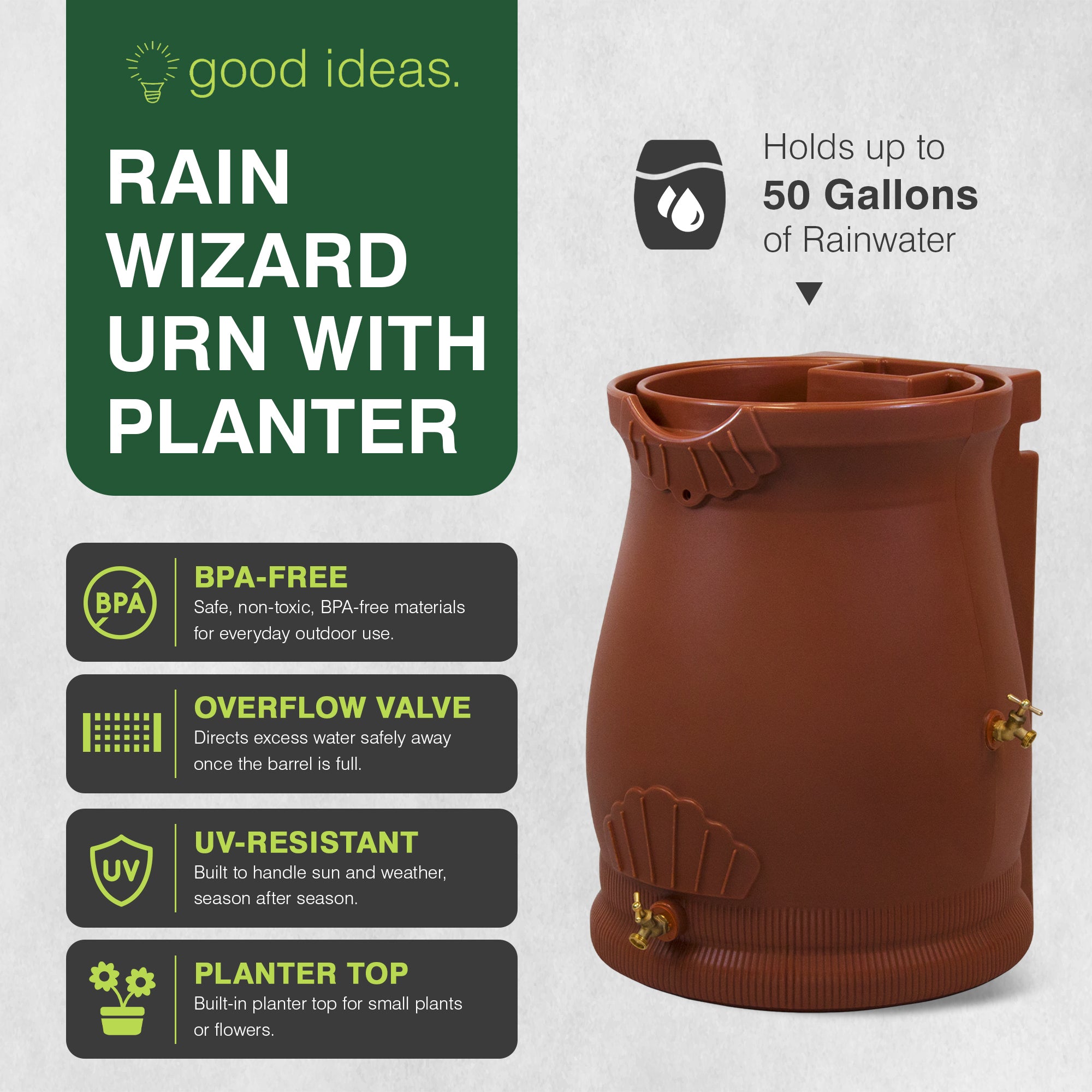Good Ideas Rain Wizard 50 Gallon Rain Barrel Water Collector Urn, Terra Cotta
