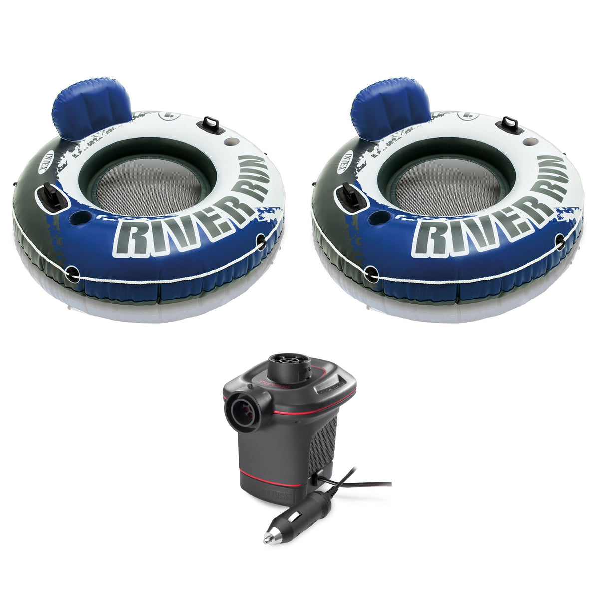 Intex 2 Pack of River Run 1 Person Floating Tubes and Single 12 Volt Air Pump