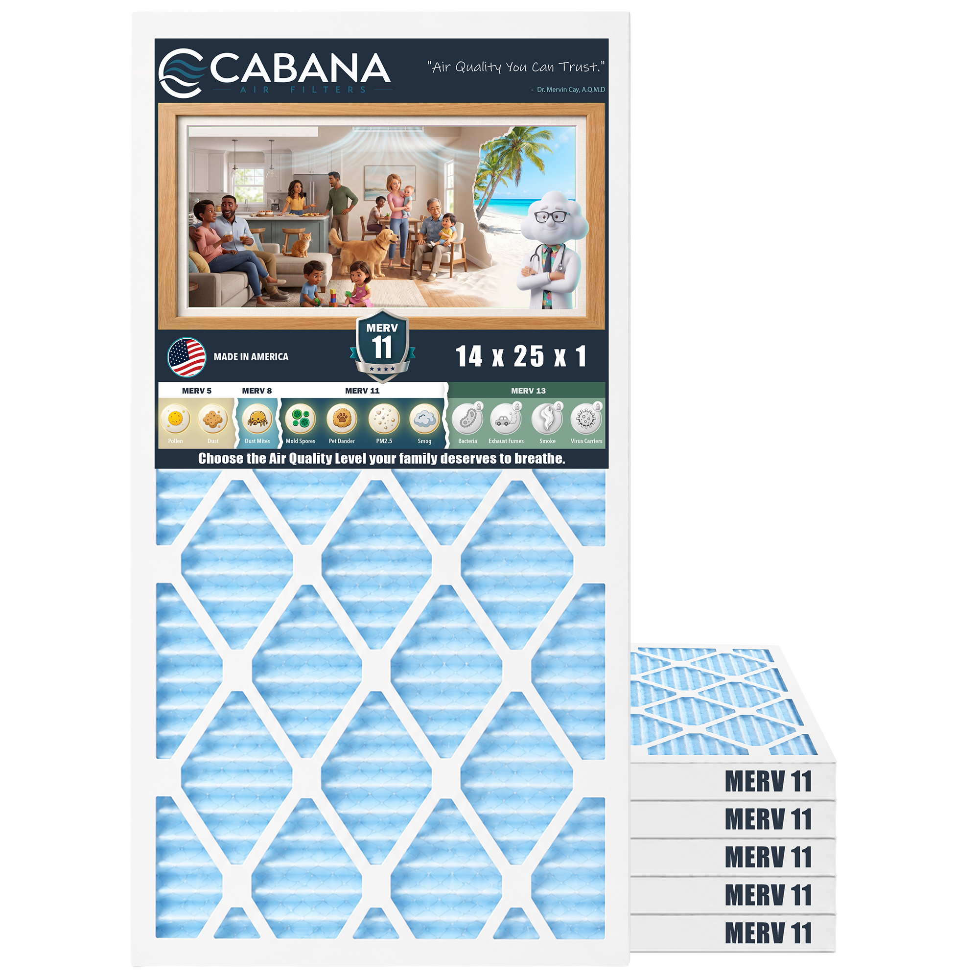 Cabana Air Filters 6 Pack HVAC Furnace Air Filters, MERV 11, 14 x 25 x 1, White