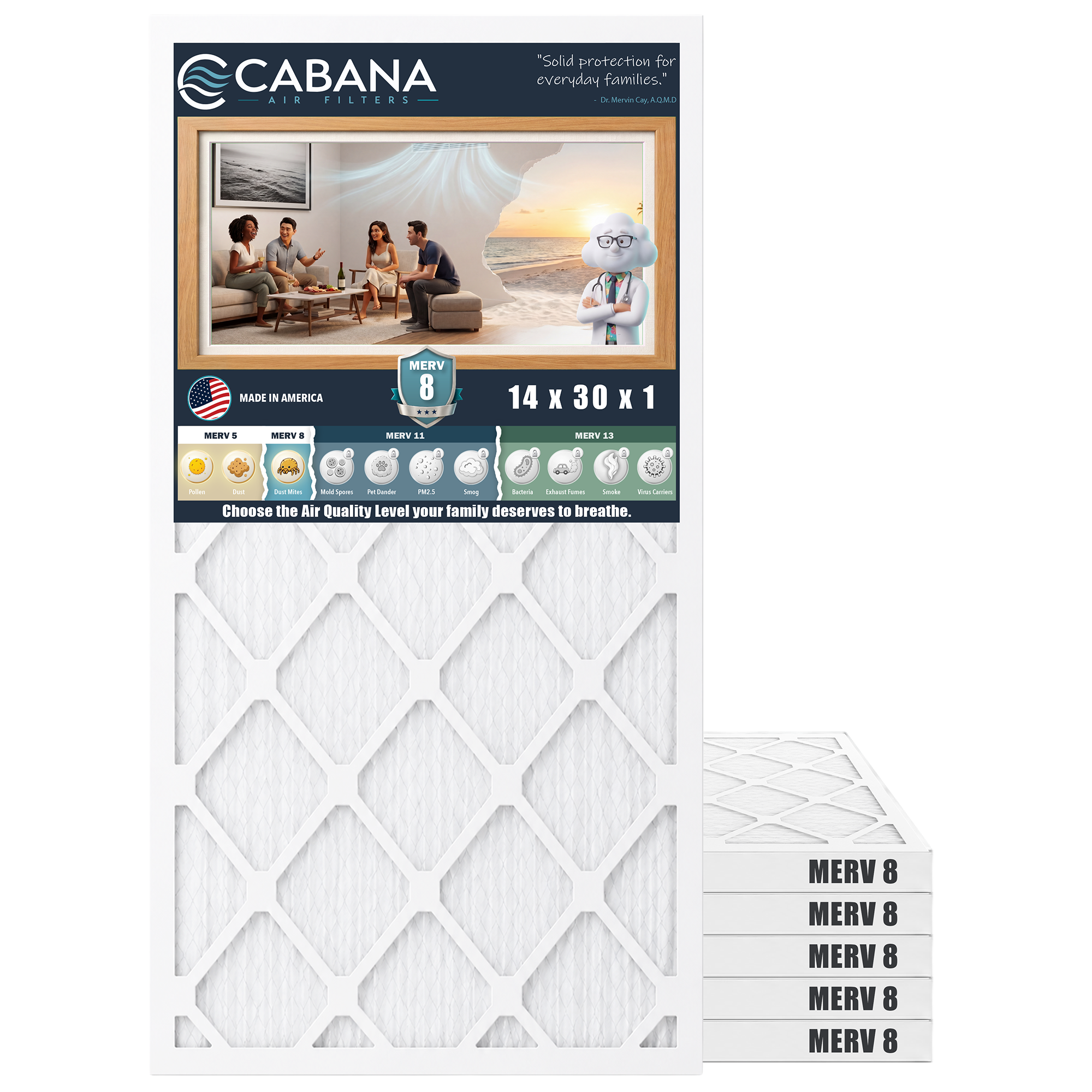 Cabana Air Filters 6 Pack HVAC Furnace Air Filters, MERV 8, 14 x 30 x 1, White