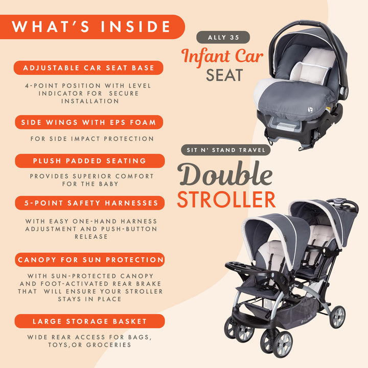 Baby Trend Sit N' Stand Travel Double Baby Stroller w/ Single Car Seat, Magnolia - VMInnovations