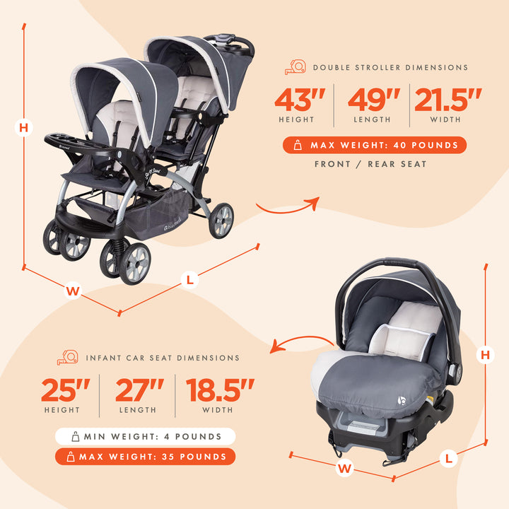 Baby Trend Sit N' Stand Travel Double Baby Stroller w/ Single Car Seat, Magnolia - VMInnovations
