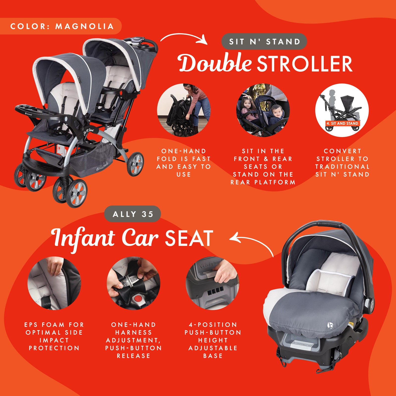Baby Trend Sit N' Stand Travel Double Baby Stroller w/ Single Car Seat, Magnolia - VMInnovations