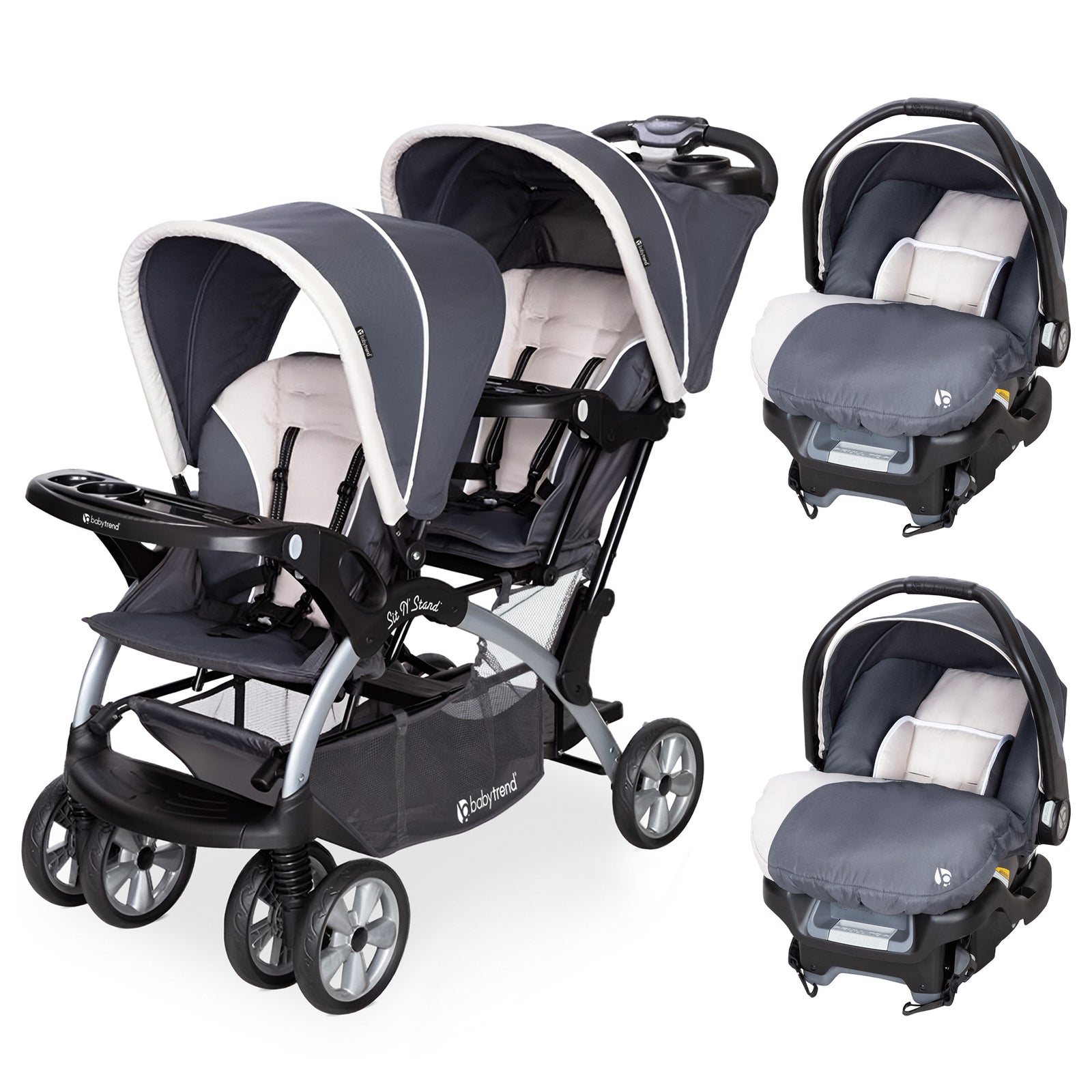 Baby Trend Sit N Stand Baby Double Stroller & 2 Infant Car Seat Combo, Magnolia - VMInnovations