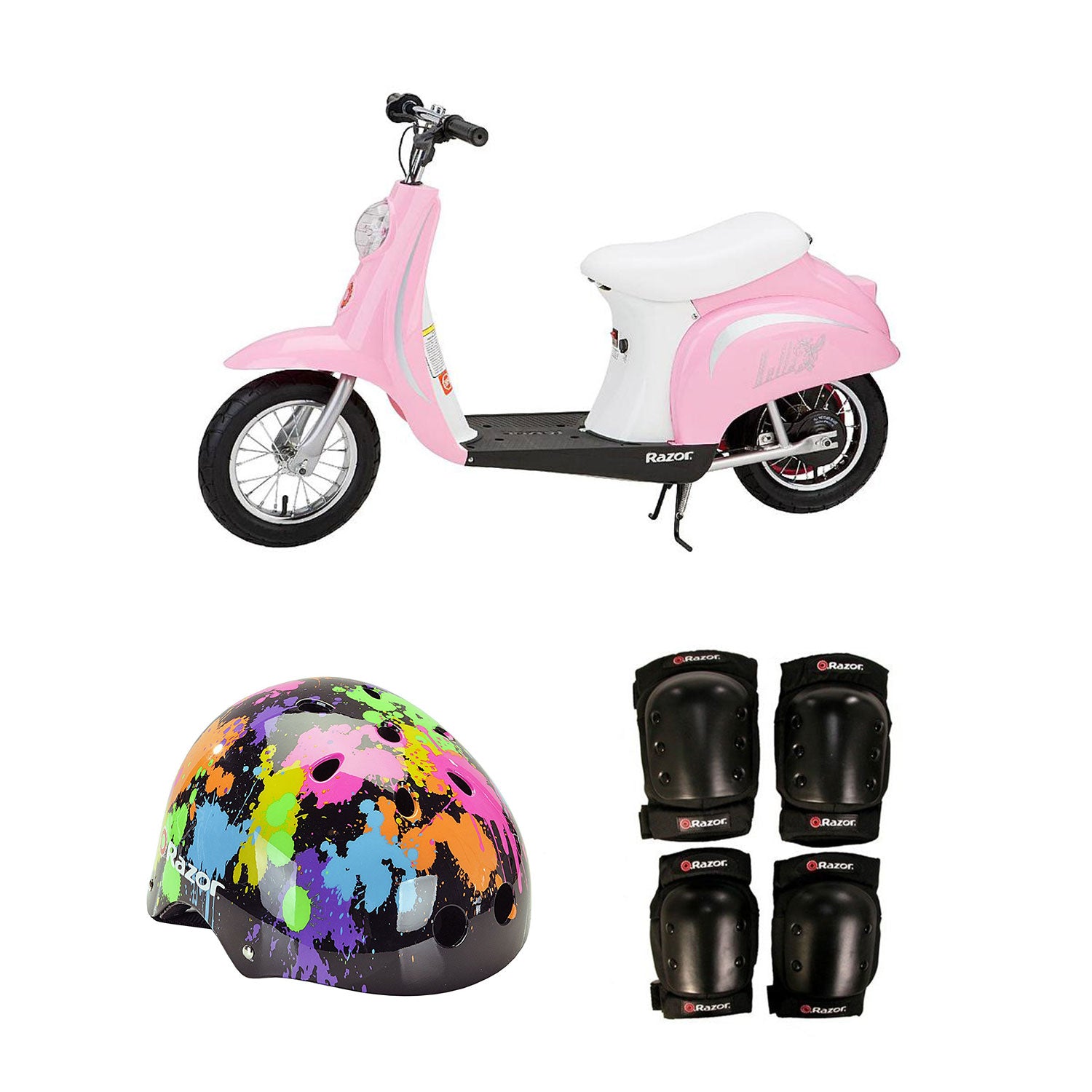 Razor Pocket Mod Electric Retro Scooter + Youth Sport Helmet + Elbow & Knee Pads