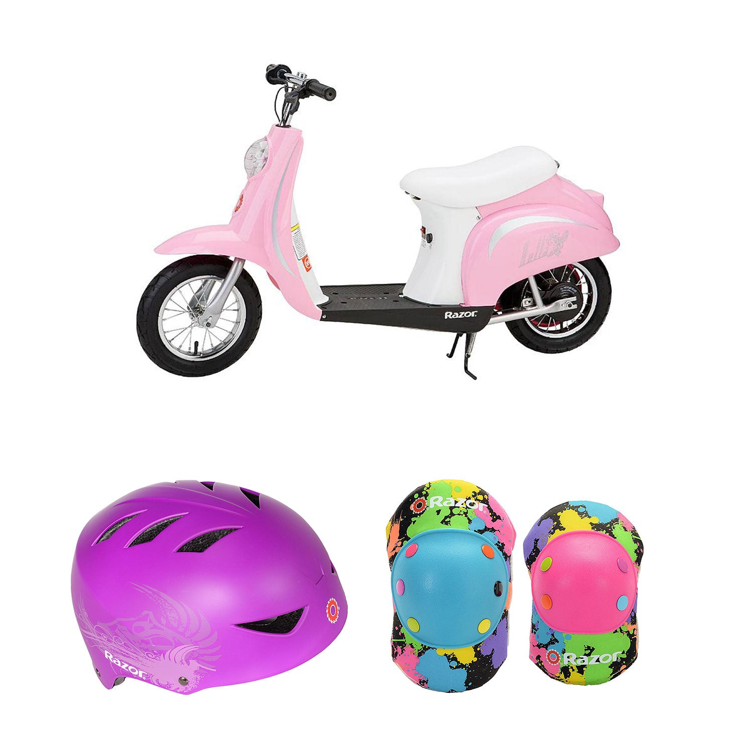 Razor Pocket Mod Electric Retro Scooter + Youth Sport Helmet + Elbow & Knee Pads