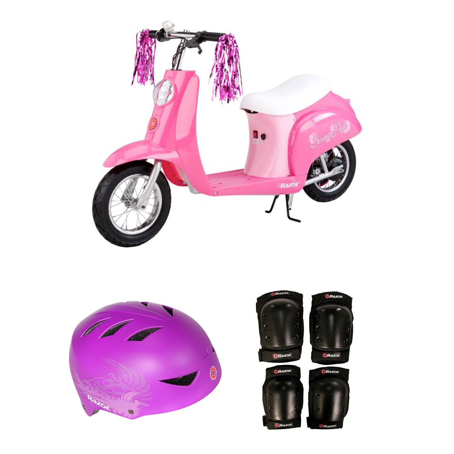 Razor Electric Retro Kids Scooter, Pink + Youth Sport Helmet + Elbow & Knee Pads