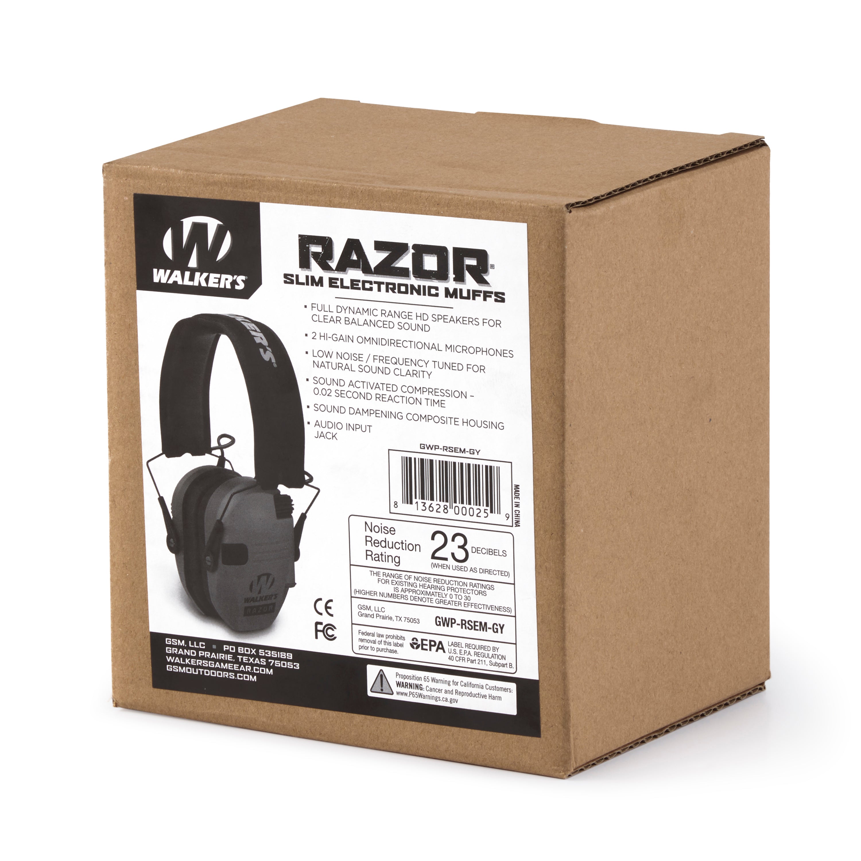 Walker's Razor Slim Shooter Gray Electronic Hearing Protection Earmuff w/ Case