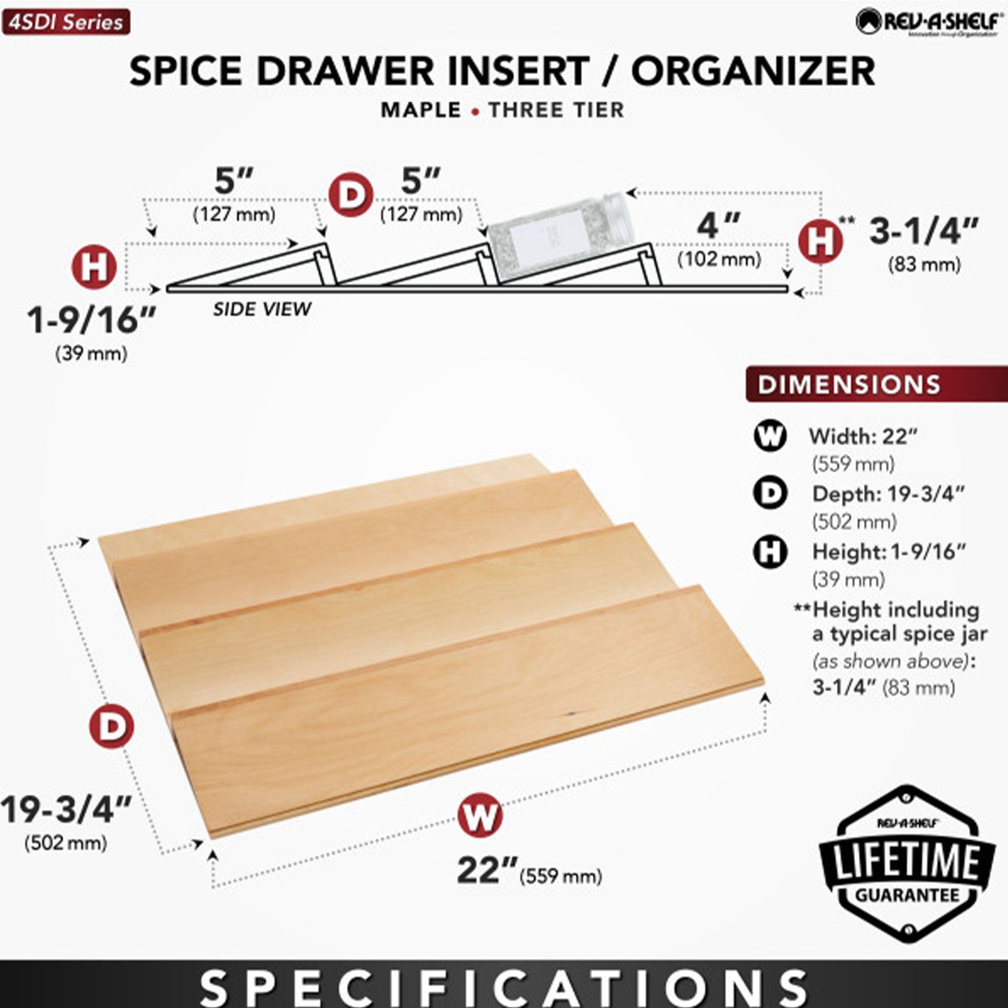 Rev-A-Shelf 22'' Kitchen Drawer Organizer Insert Spice Rack Three-Tier, 4SDI-24 - VMInnovations