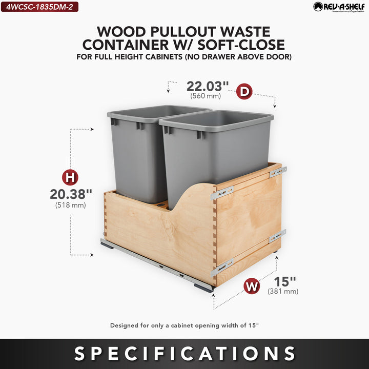 Rev-A-Shelf Dual Pullout Trash Cans 35 qt. with Soft-close Slides,4WCSC-1835DM-2