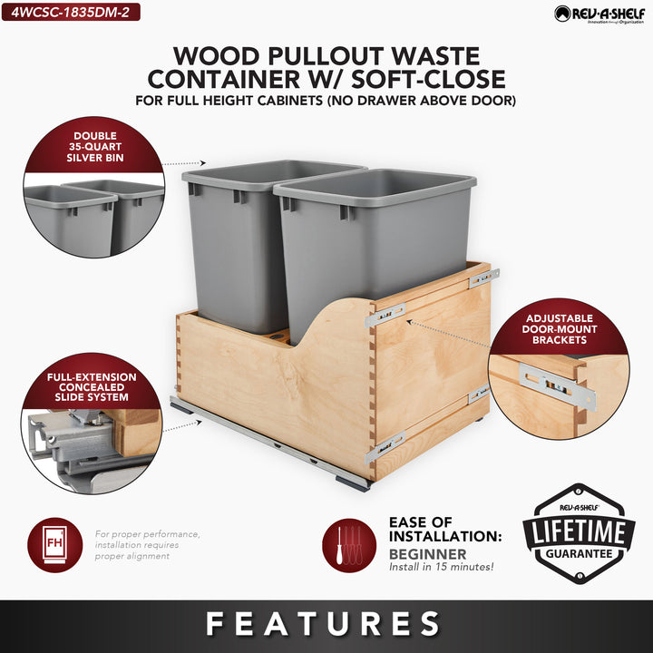 Rev-A-Shelf Dual Pullout Trash Cans 35 qt. with Soft-close Slides,4WCSC-1835DM-2