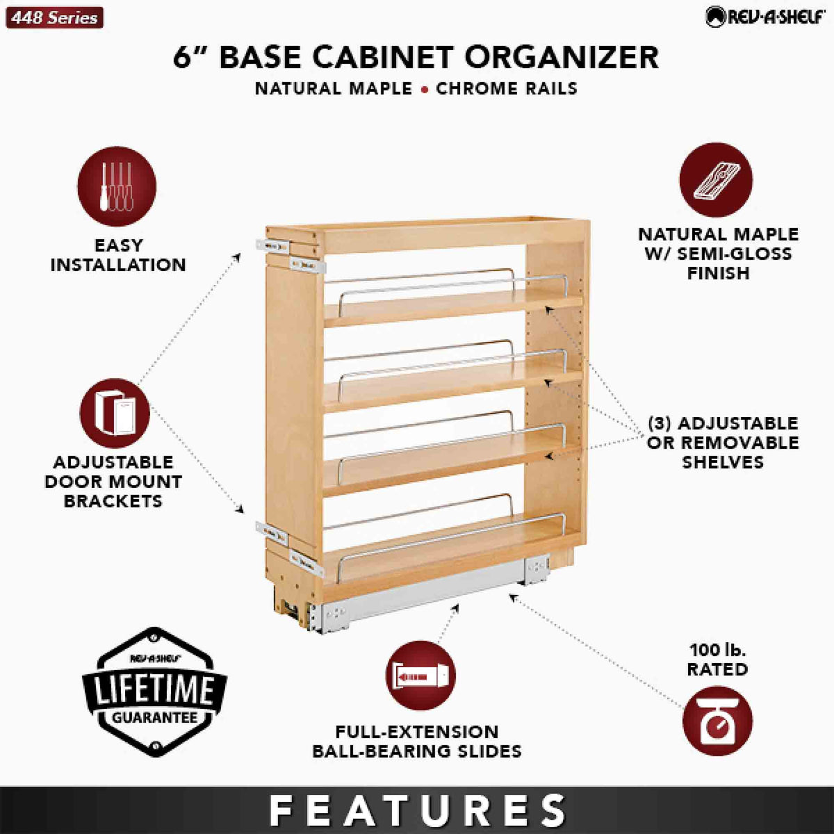 Rev A Shelf 6.5 Inch Pull Out Wood Base Kitchen Cabinet Organizer (Open Box)