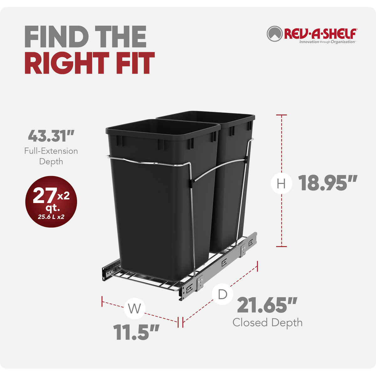 Rev-A-Shelf Double 27 Quart Pullout Waste Bin Container, Black (Used)