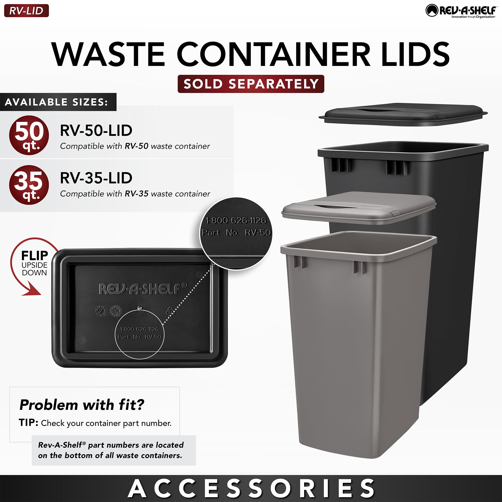 Rev-A-Shelf Double Pullout Trash Cans & Single Lid, 35 qt. w/ Soft-close, Silver