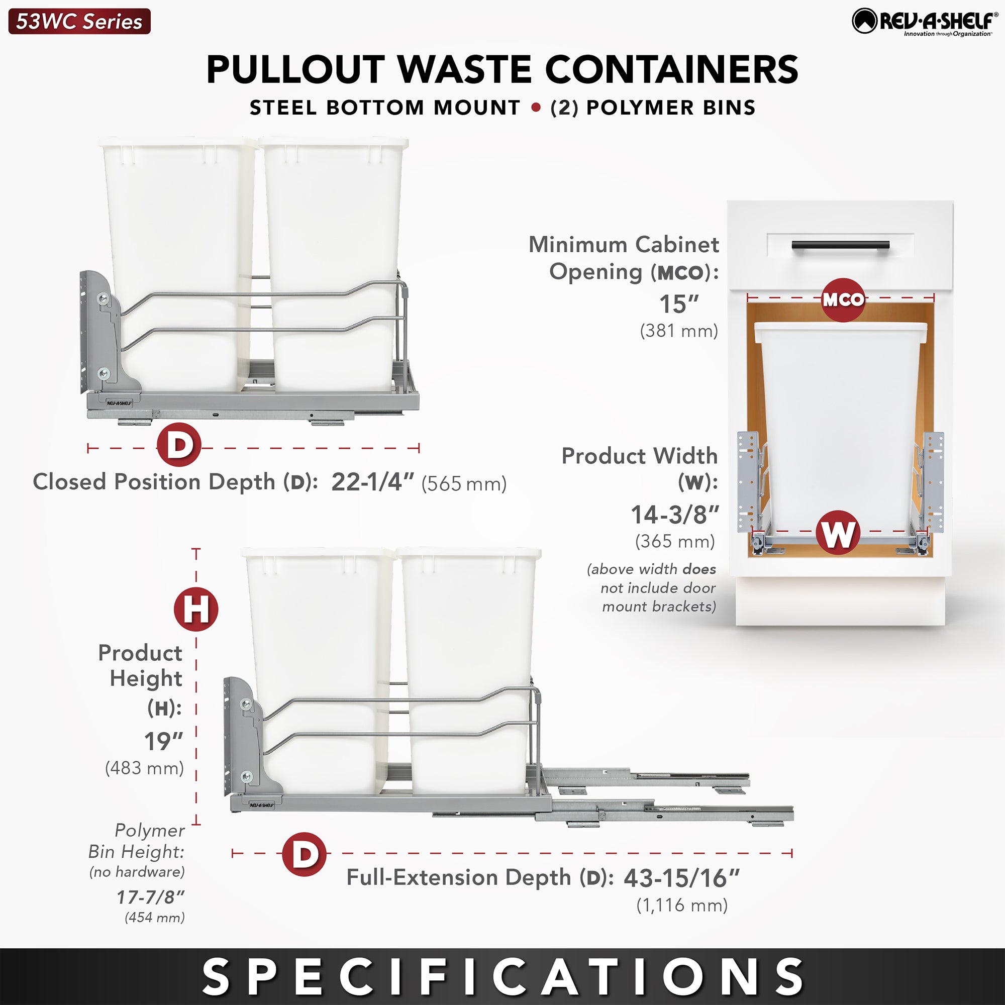 Rev-A-Shelf Double Pullout Trash Cans & Single Lid, 35 qt. w/ Soft-close, Silver - VMInnovations