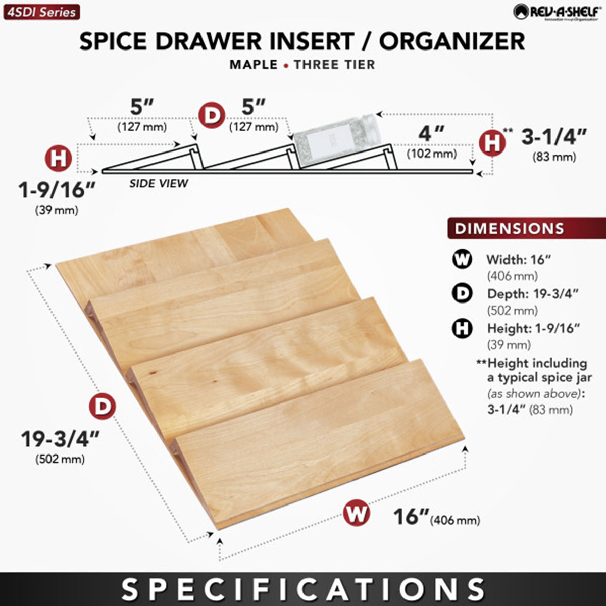 Rev-A-Shelf 16'' Kitchen Drawer Organizer Insert Spice Rack Three-Tier, 4SDI-18