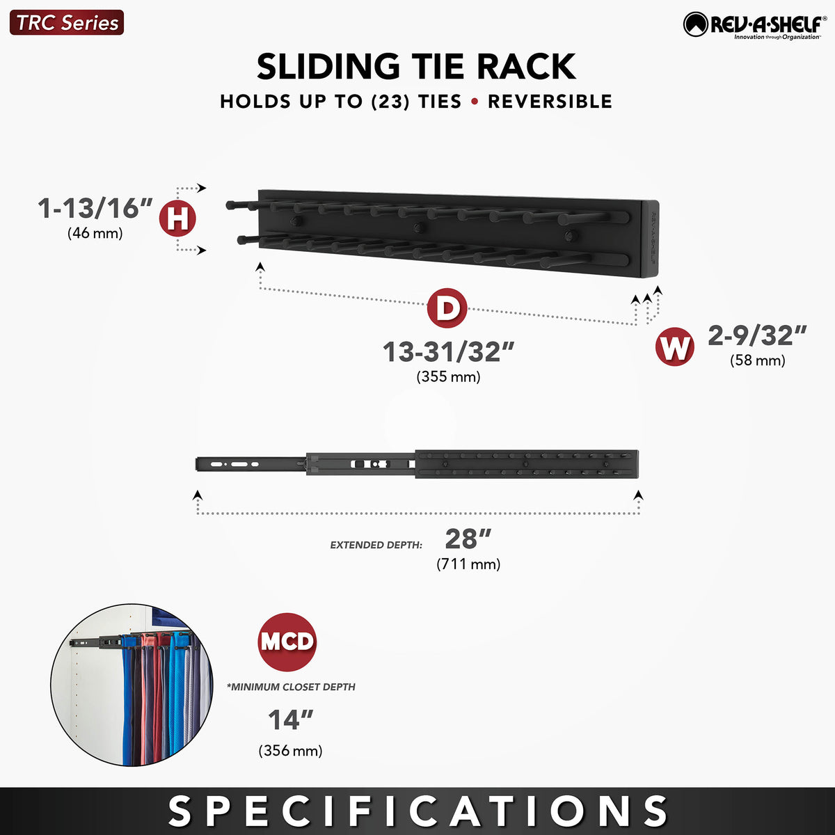 Rev-A-Shelf TRC-14CR 14 Inch-Side Mount Extending Tie Rack, Chrome (Used)