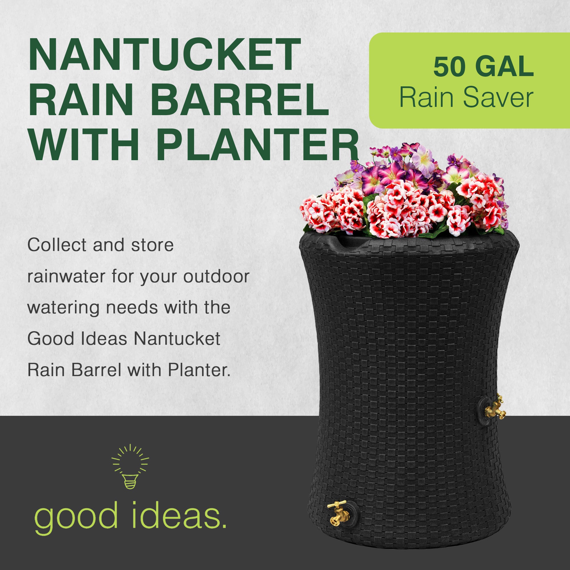 Good Ideas Impressions 50 Gal Nantucket Dual Spigot Rain Barrel Planter, Black