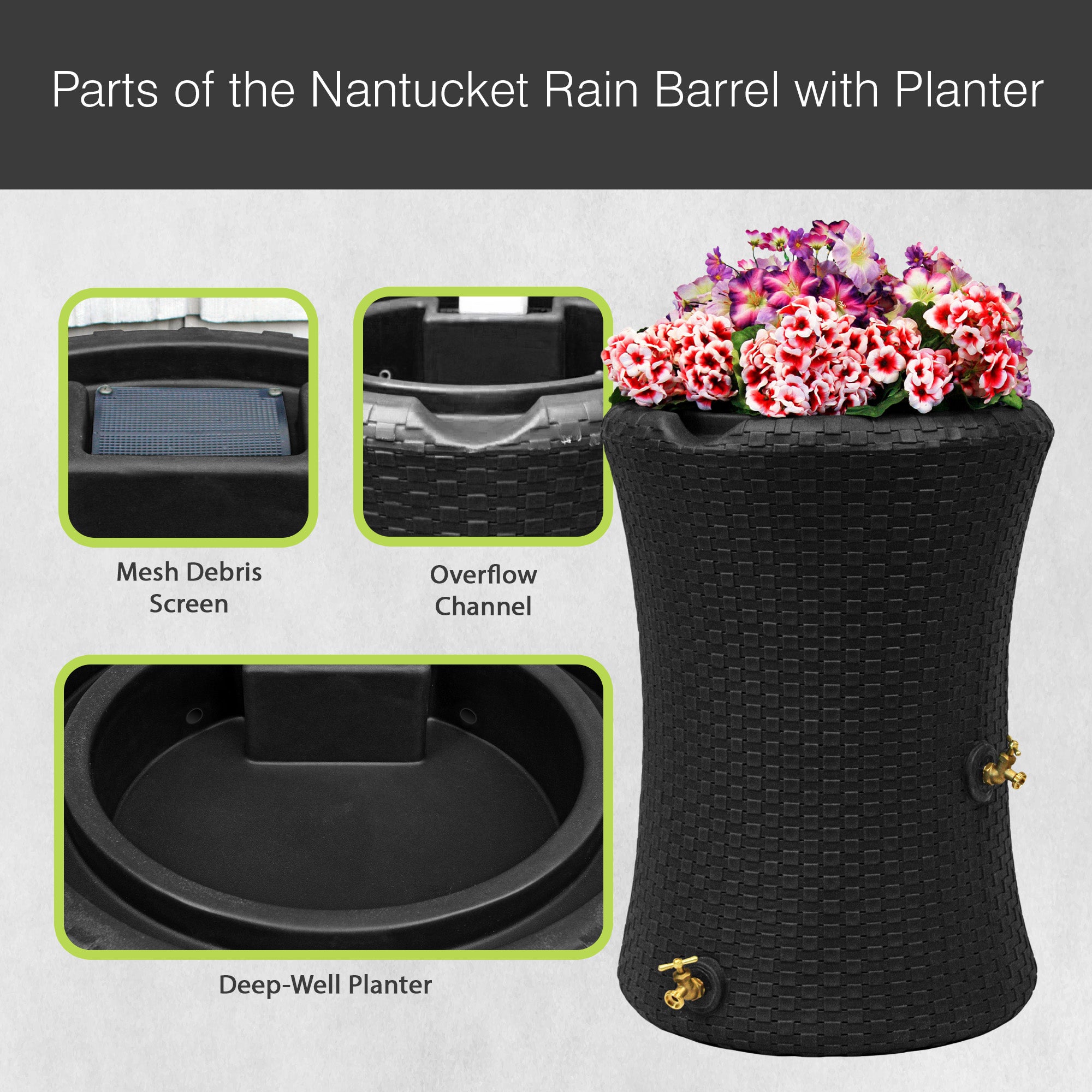 Good Ideas Impressions 50 Gal Nantucket Dual Spigot Rain Barrel Planter, Black