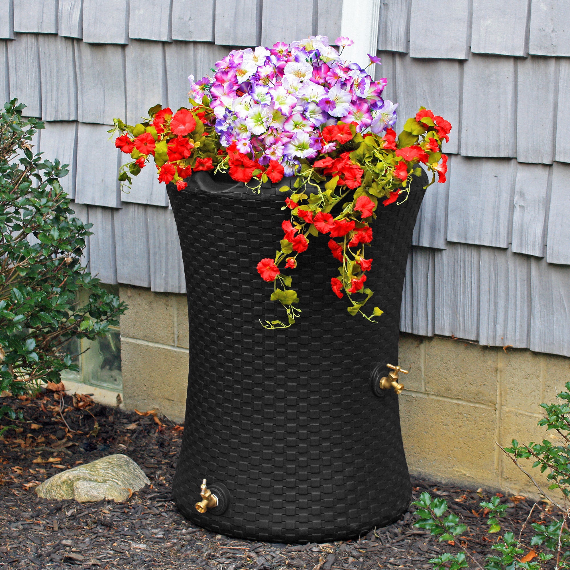 Good Ideas Impressions 50 Gal Nantucket Dual Spigot Rain Barrel Planter, Black