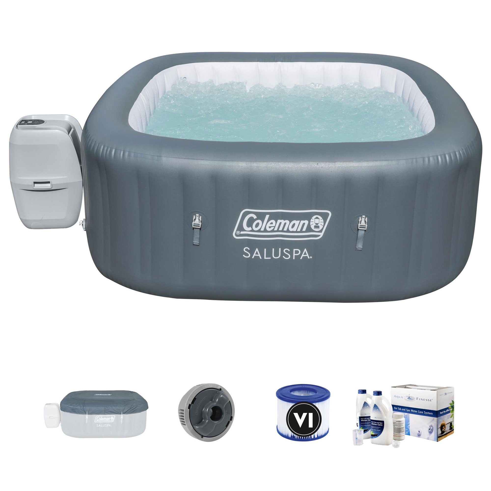 Coleman SaluSpa Round Hot Tub, Gray | Trichlor Hot Tub Water Care Kit, White - VMInnovations