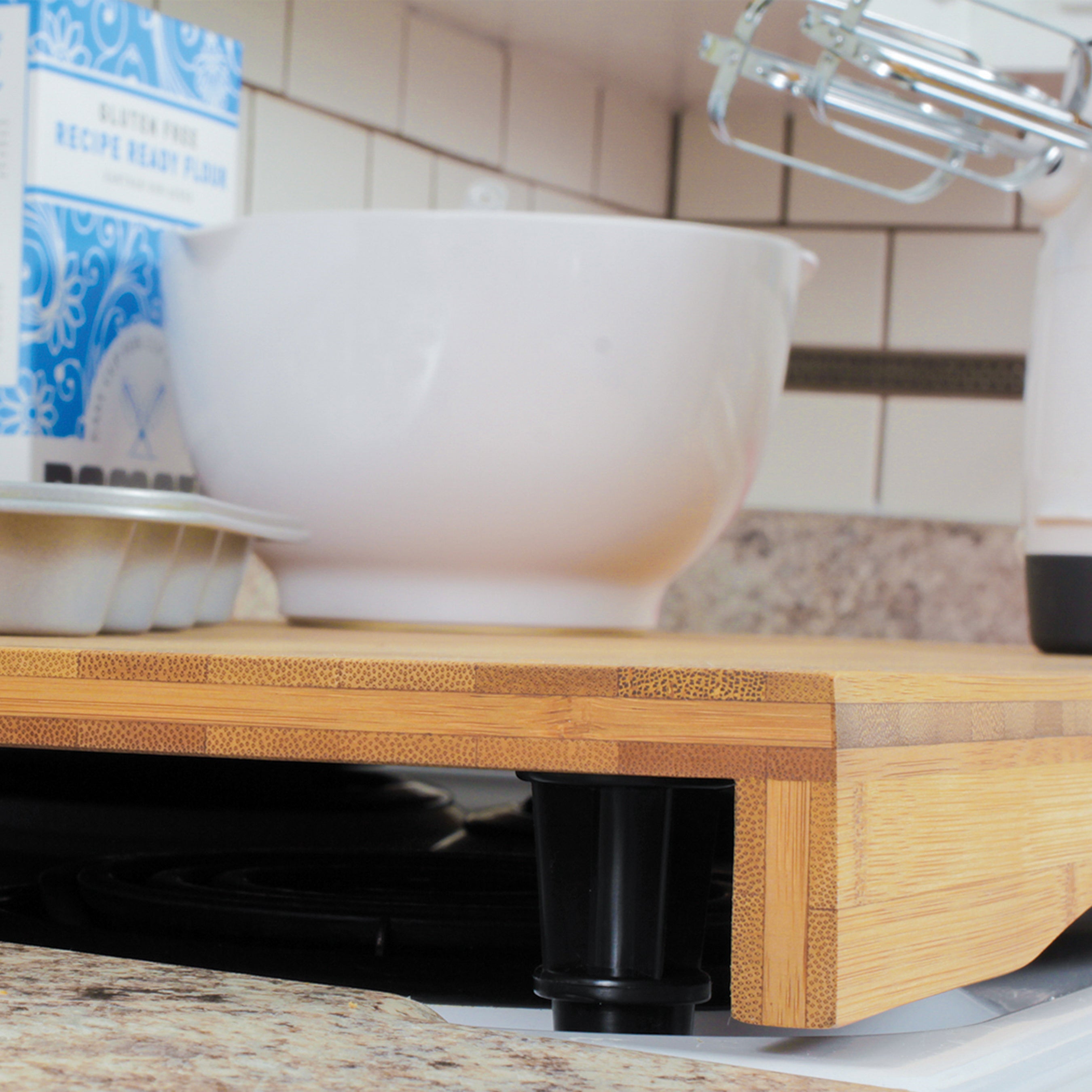 Camco 43548 4 Burner Grooved Bamboo Stove Top Work Surface with Adjustable Legs - VMInnovations