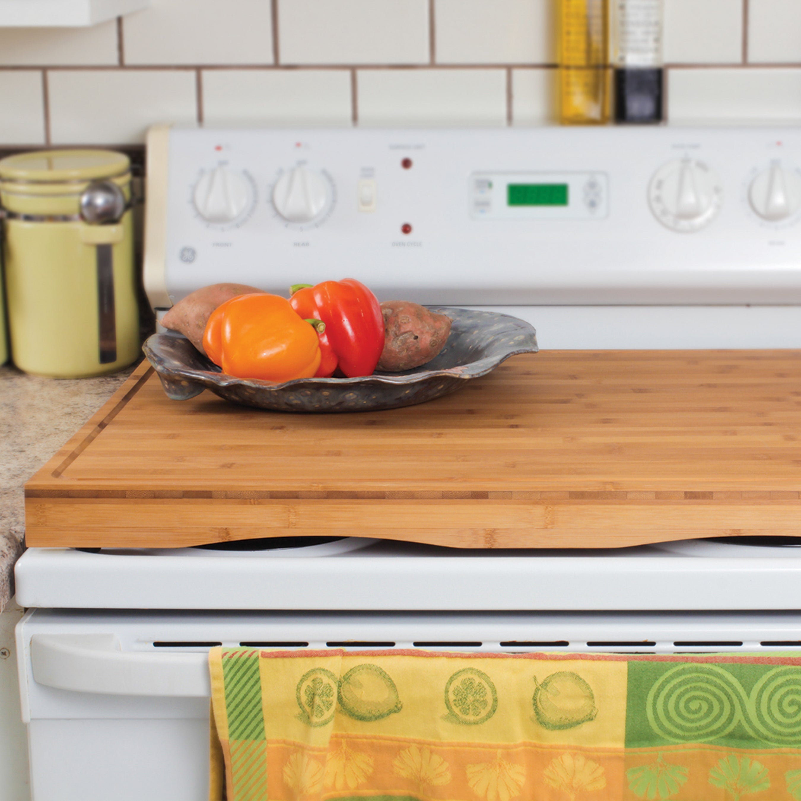 Camco 43548 4 Burner Grooved Bamboo Stove Top Work Surface with Adjustable Legs - VMInnovations