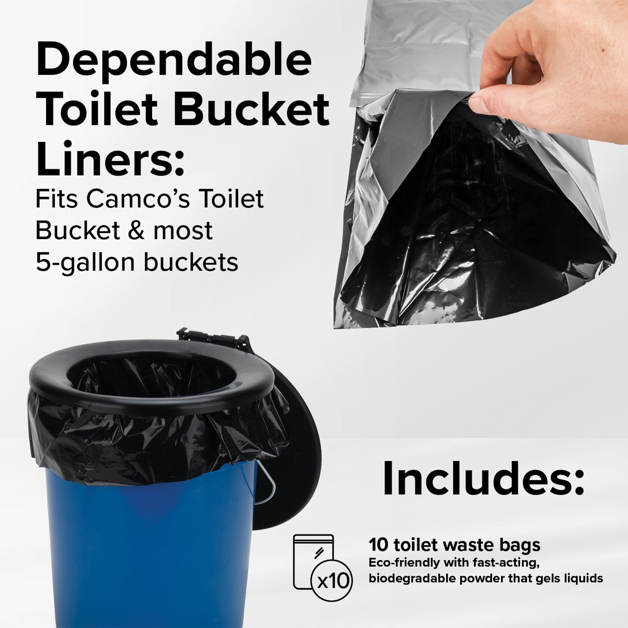 Camco 10 Pack Leak Proof Double Lined Camping Toilet Bucket Waste Bags, Black