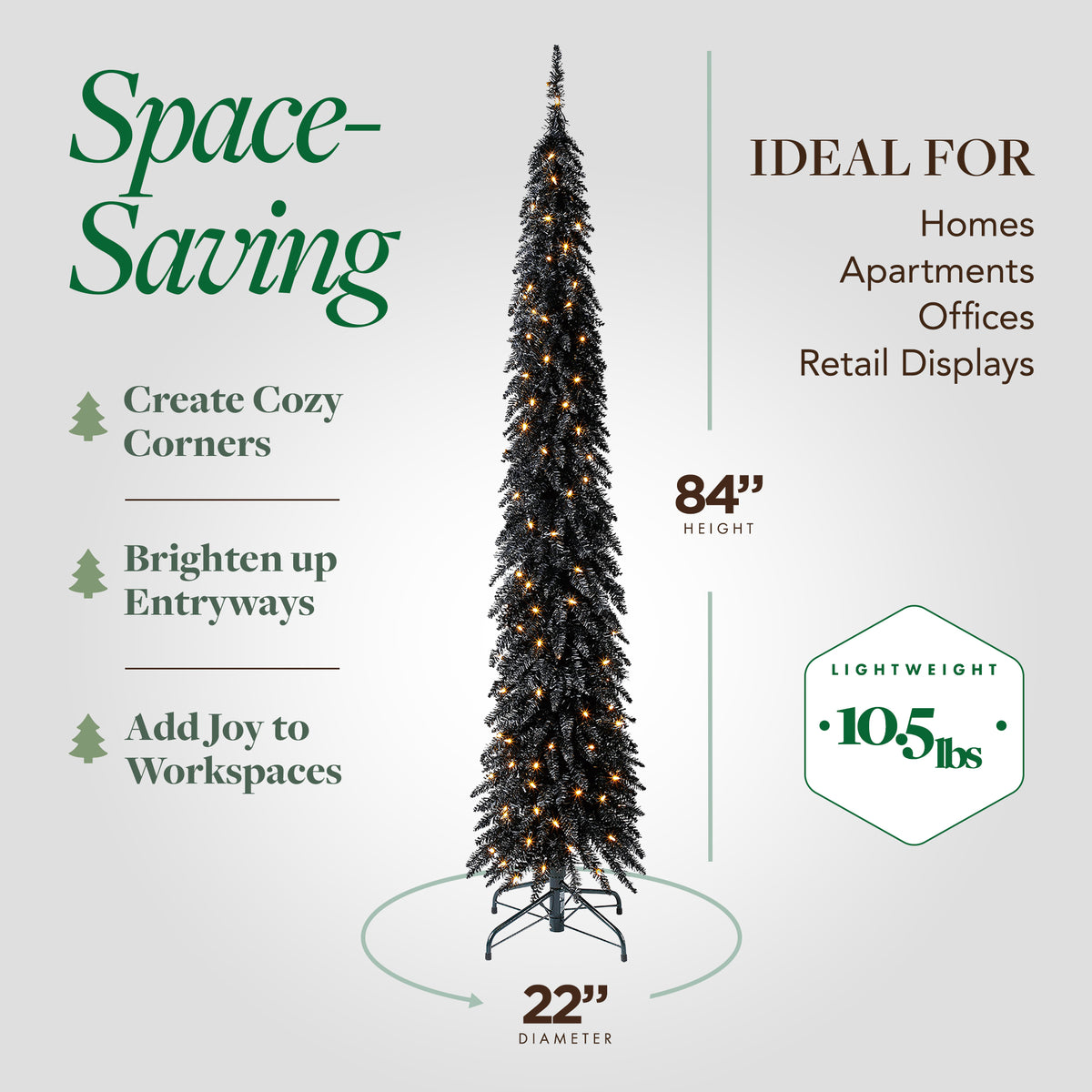 Home Heritage Tinsel 7' Pencil 150 LED Pre-Lit Artificial Christmas Tree, Black