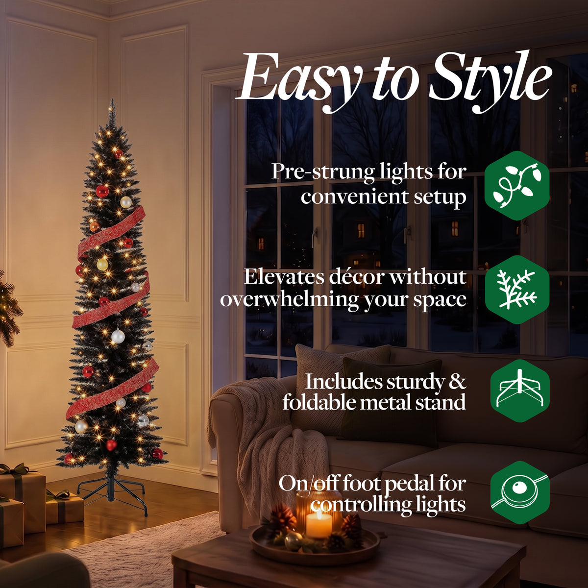 Home Heritage 7 Ft Pencil Artificial Tree w/ White LED Lights, Black (For Parts)