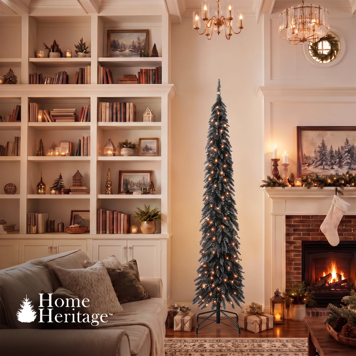 Home Heritage 7 Ft Pencil Artificial Tree w/ White LED Lights, Black (For Parts)
