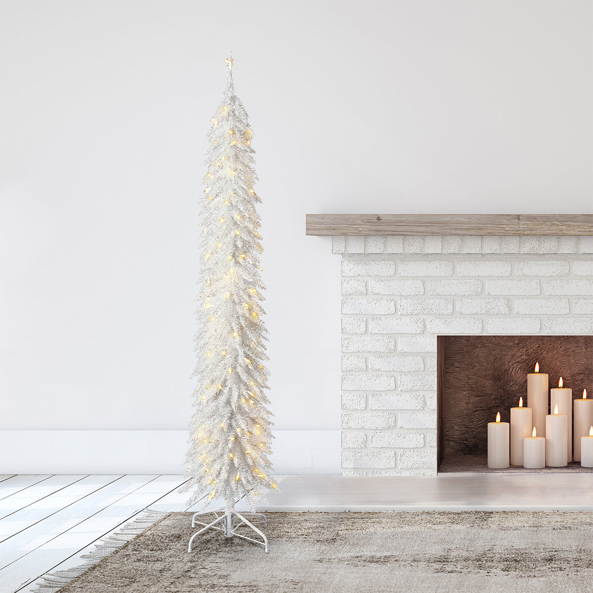 Home Heritage 7 Foot Pencil Artificial Tree with White LED Lights, White (Used)