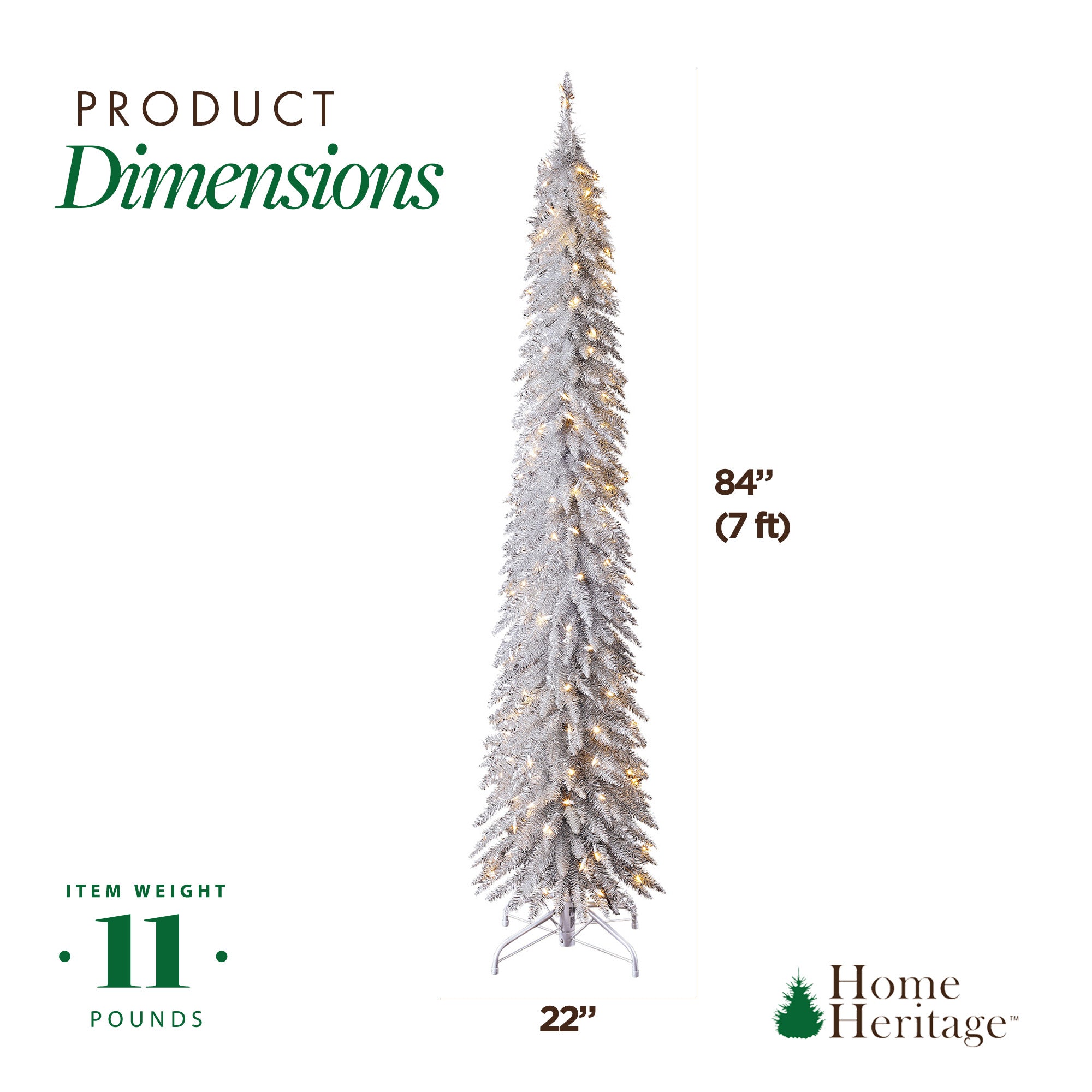 Home Heritage 7 Foot Pencil Artificial Tree with White LED Lights, Silver (Used) - VMInnovations