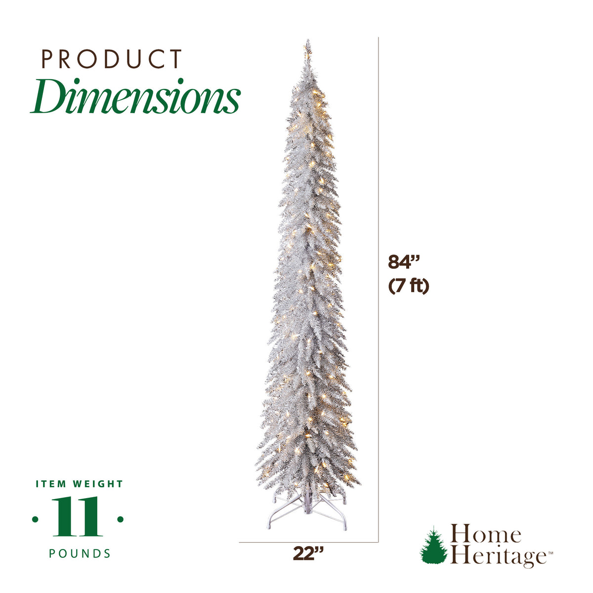 Home Heritage 7 Ft Pencil Artificial Tree, White LED Lights, Silver (For Parts)