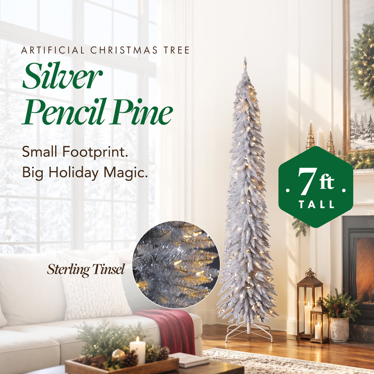 Home Heritage Tinsel 7' Pencil 150 LED Pre-Lit Artificial Christmas Tree, Silver