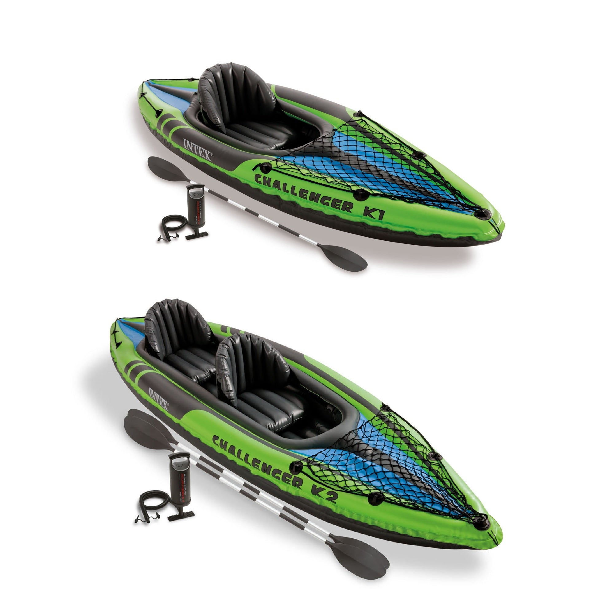 Intex 1-Person Inflatable Kayak w/ 2-Person Inflatable Kayak both w/ oars & pump - VMInnovations