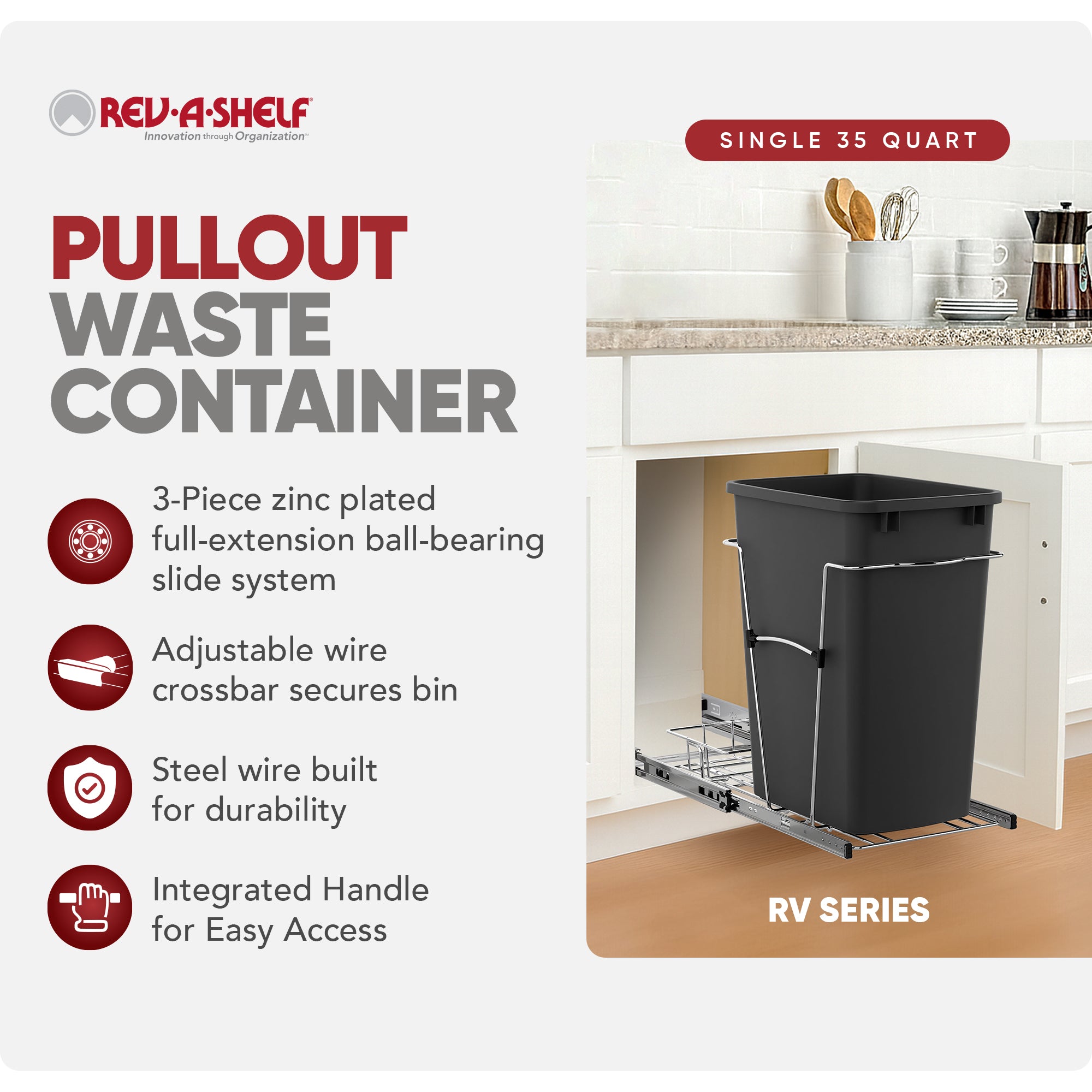 Rev-A-Shelf RV-12KD-18C S 35-Quart Cabinet Pullout Waste Container (Open Box)