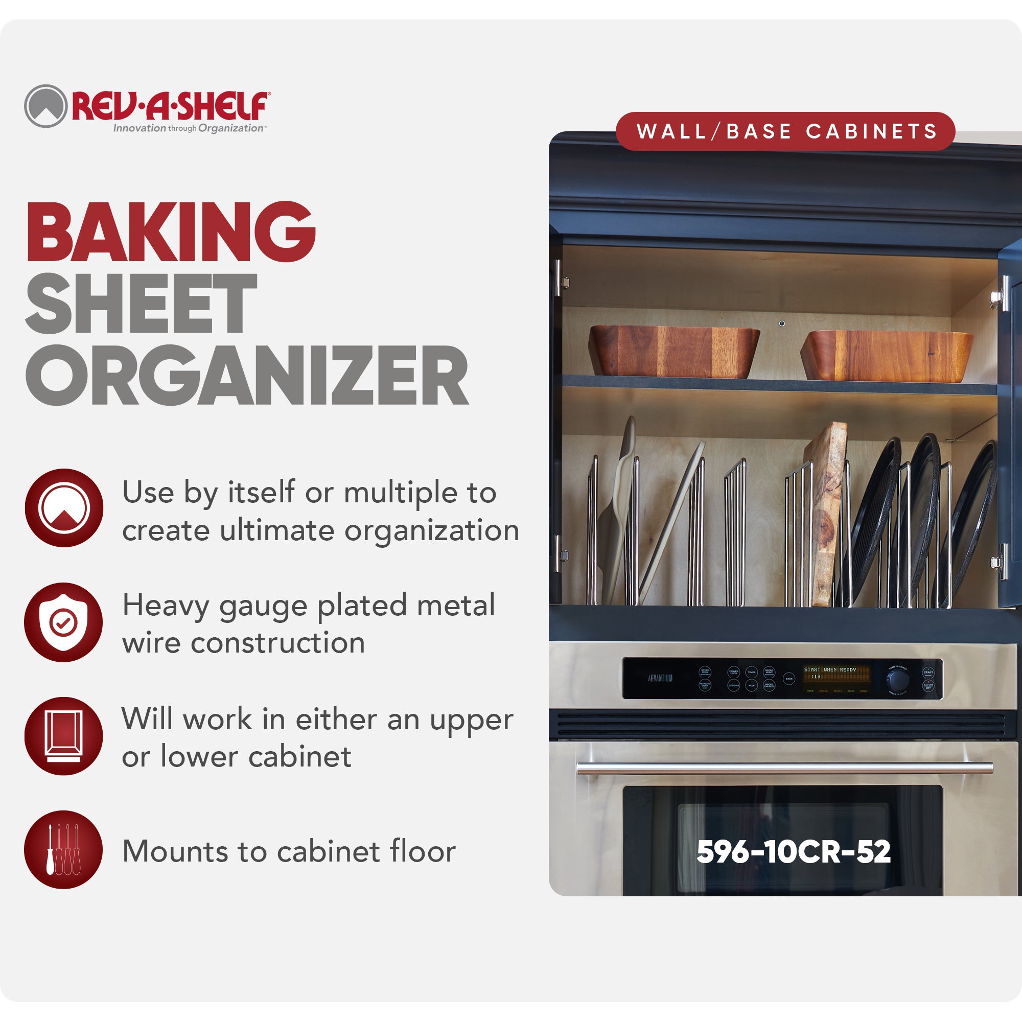 Rev-A-Shelf Baking Sheet Organizer for Wall/Base Cabinets, Chrome, 596-10CCR-52
