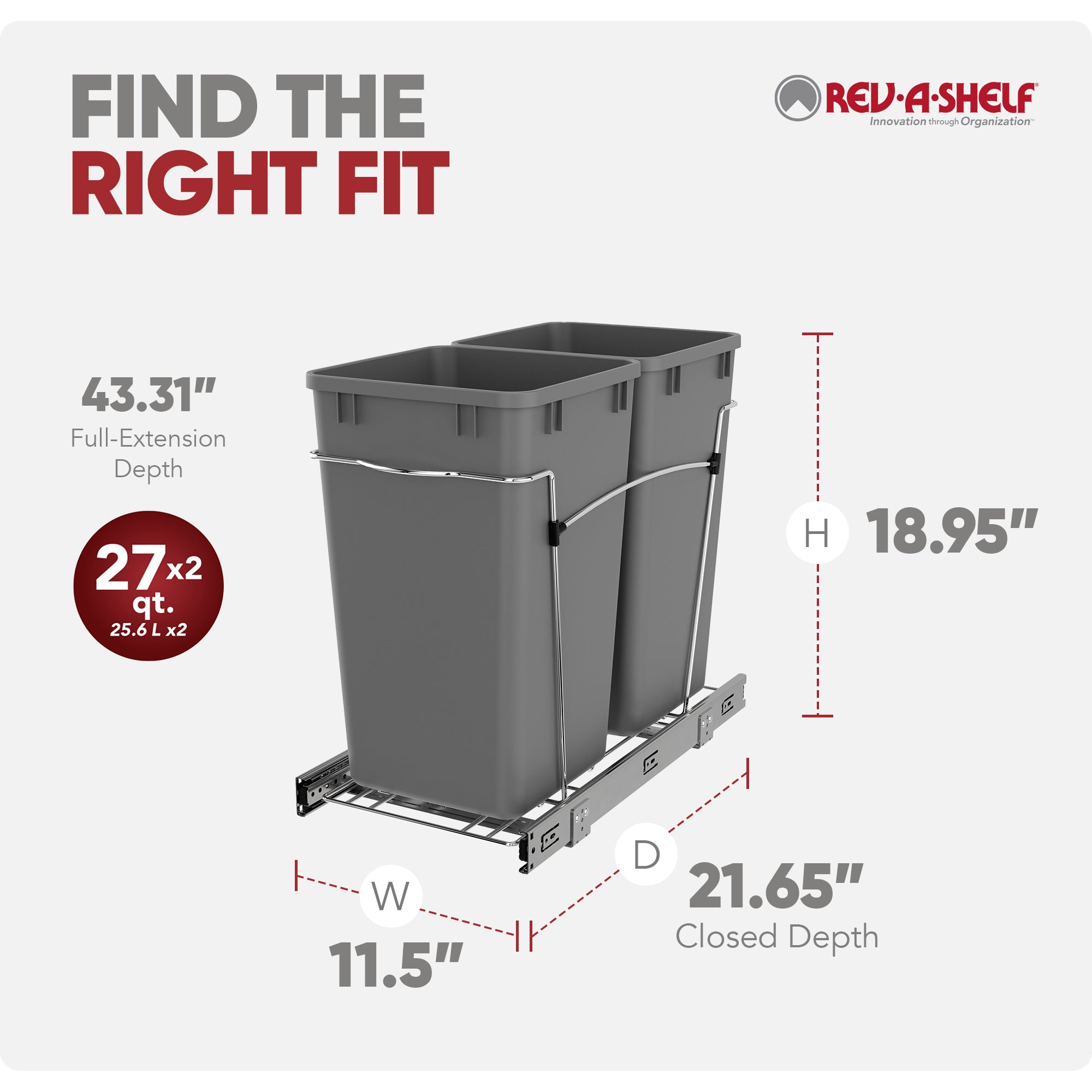 Rev-A-Shelf Double Pullout Trash Cans 27 qt. for Kitchen, Silver, RV-15KD-17C S