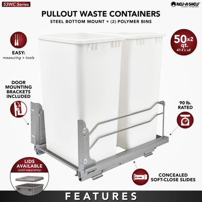 Rev-A-Shelf Double Pull Out Trash Can 50 Qt with Soft-Close, 53WC-2150SCDM-217