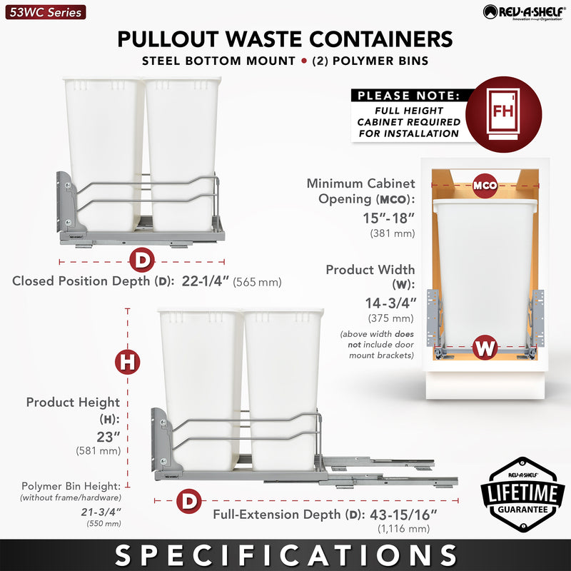 Rev-A-Shelf Double Pull Out Trash Can 50 Qt with Soft-Close, 53WC-2150SCDM-217