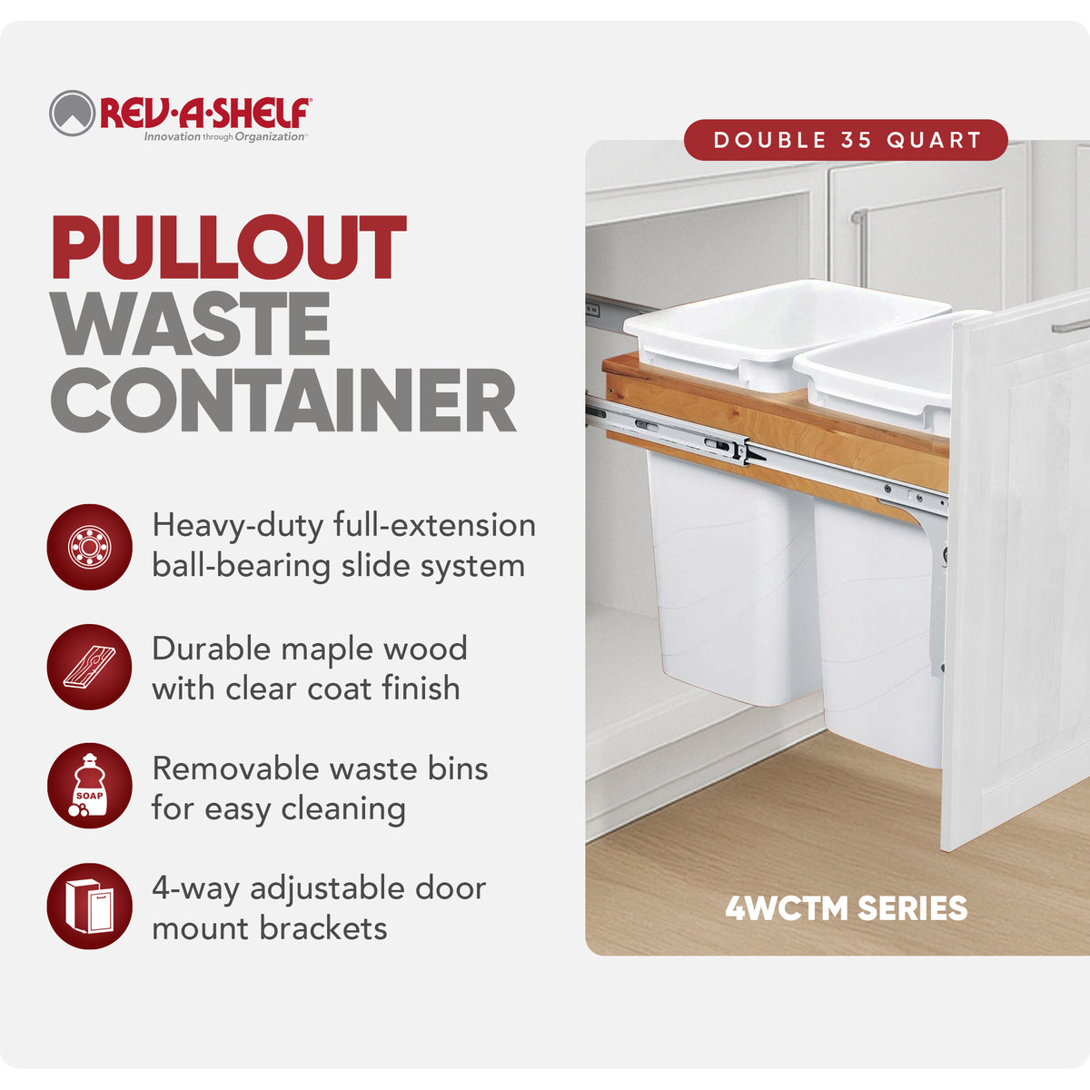 Rev-A-Shelf Double Pullout Top Mount Trash Cans & Single Lid - 35 qt., White
