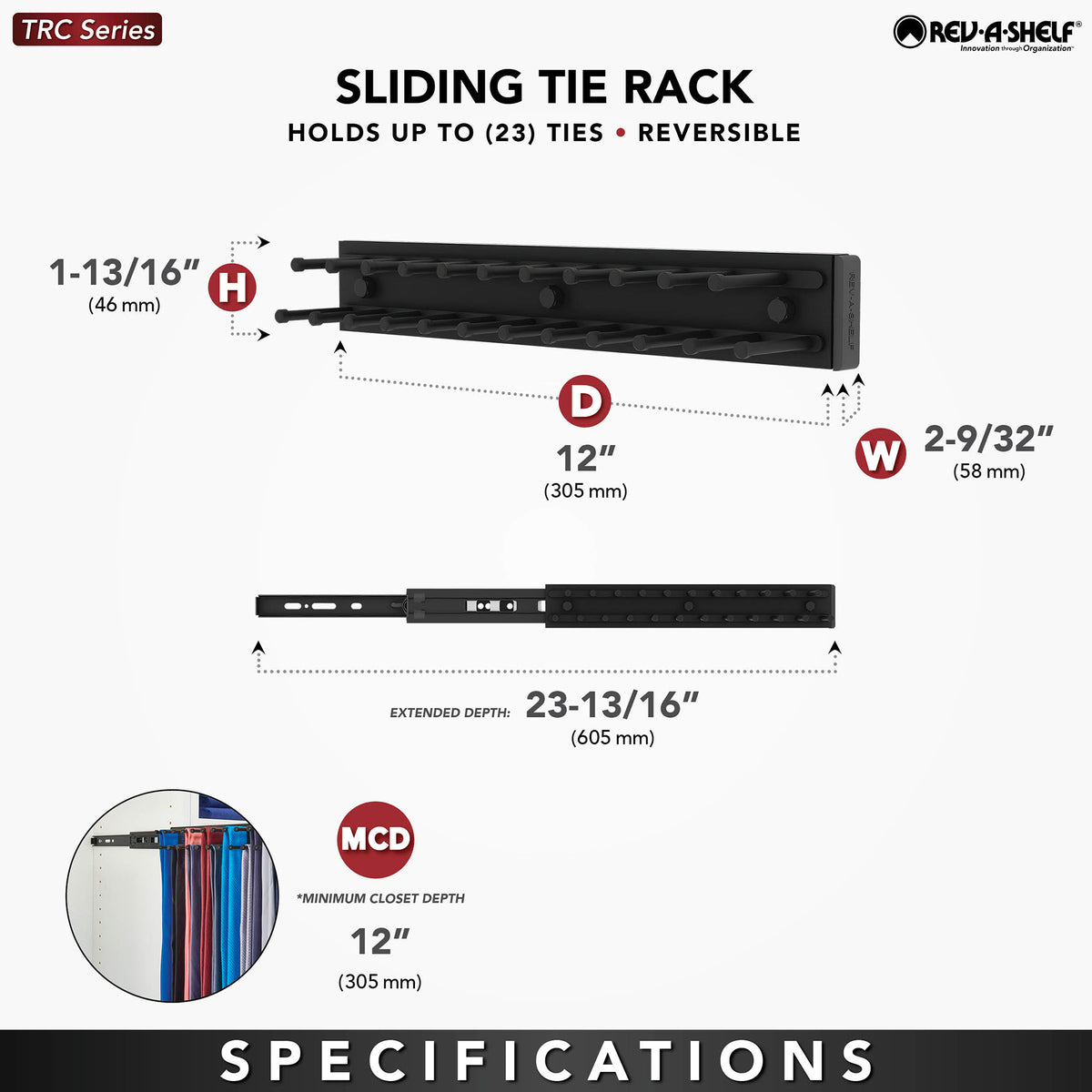 Rev-A-Shelf TRC-12CR 12-Inch Side Mount Extending Tie Rack, Chrome (Used)